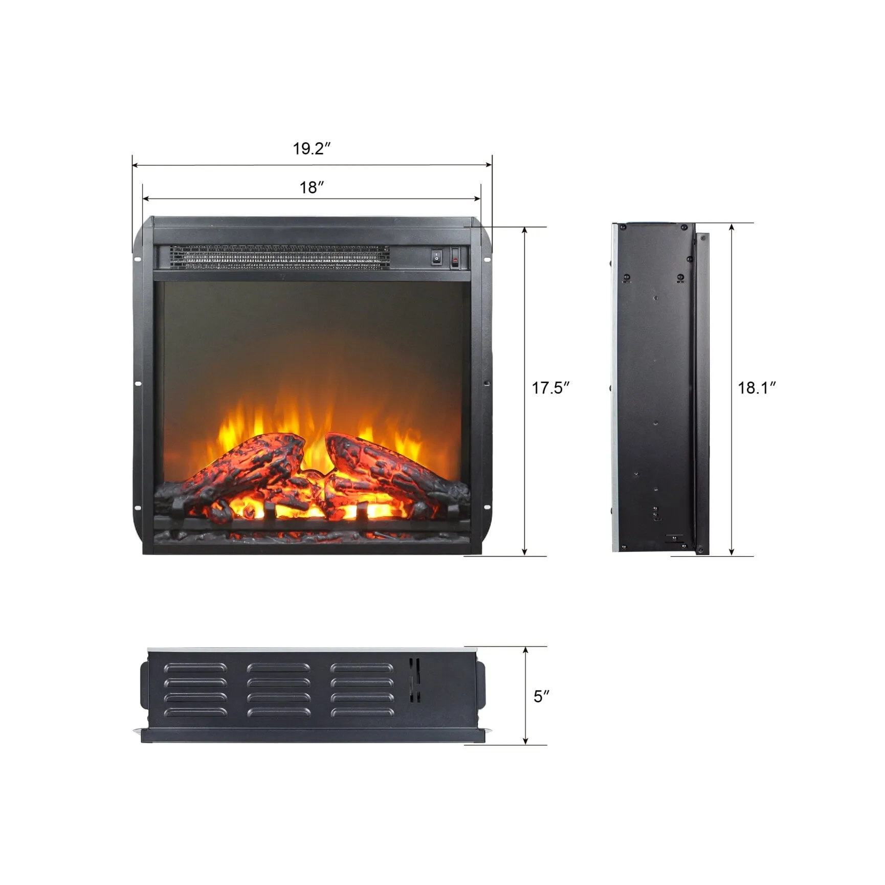 19' Electric Fireplace Insert, Recessed Mounted Fireplace Heater with Log Set, Overheating Protection and Realistic Flame, Recessed Freestanding Fireplace, Low Noise, Antique Black