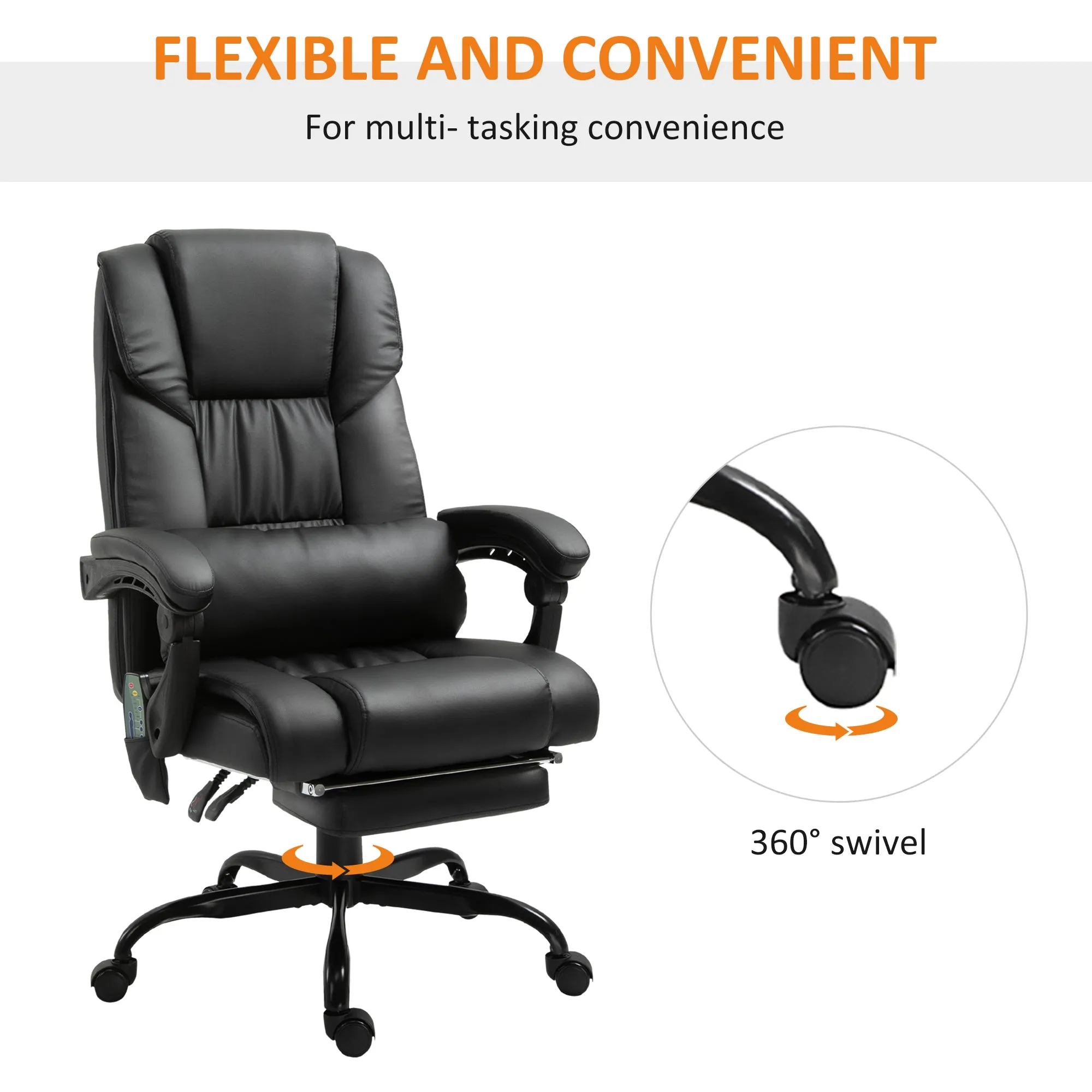 6-Point PU Leather Massage Racing Chair Electric Padded Recliner Chair Height Angle Adjustable 5 Wheels w/ Remote Footrest Home Office Black