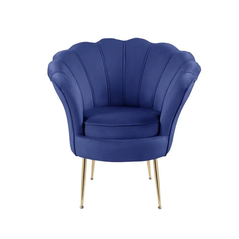 Angelina Blue Velvet Scalloped Back Barrel Accent Chair with Metal Legs