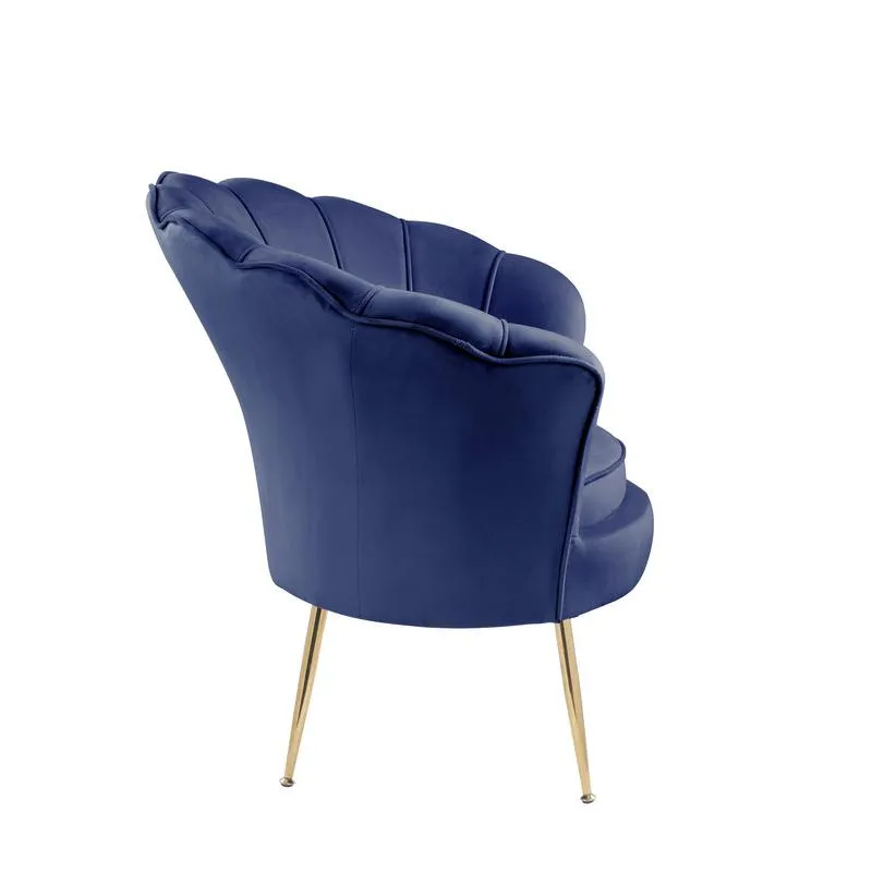 Angelina Blue Velvet Scalloped Back Barrel Accent Chair with Metal Legs