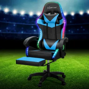 Artiss 6 Point Massage Gaming Office Chair 7 LED Footrest Cyan Blue