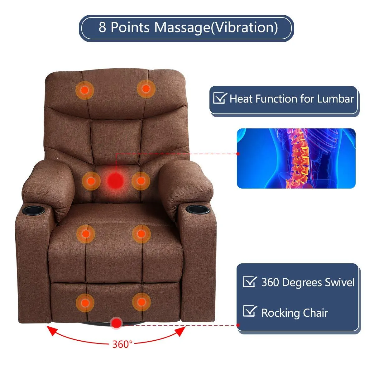 Coffee Fabric Massage Recliner Chair 360 Degrees Swivel Heated Ergonomic Lounge Chair