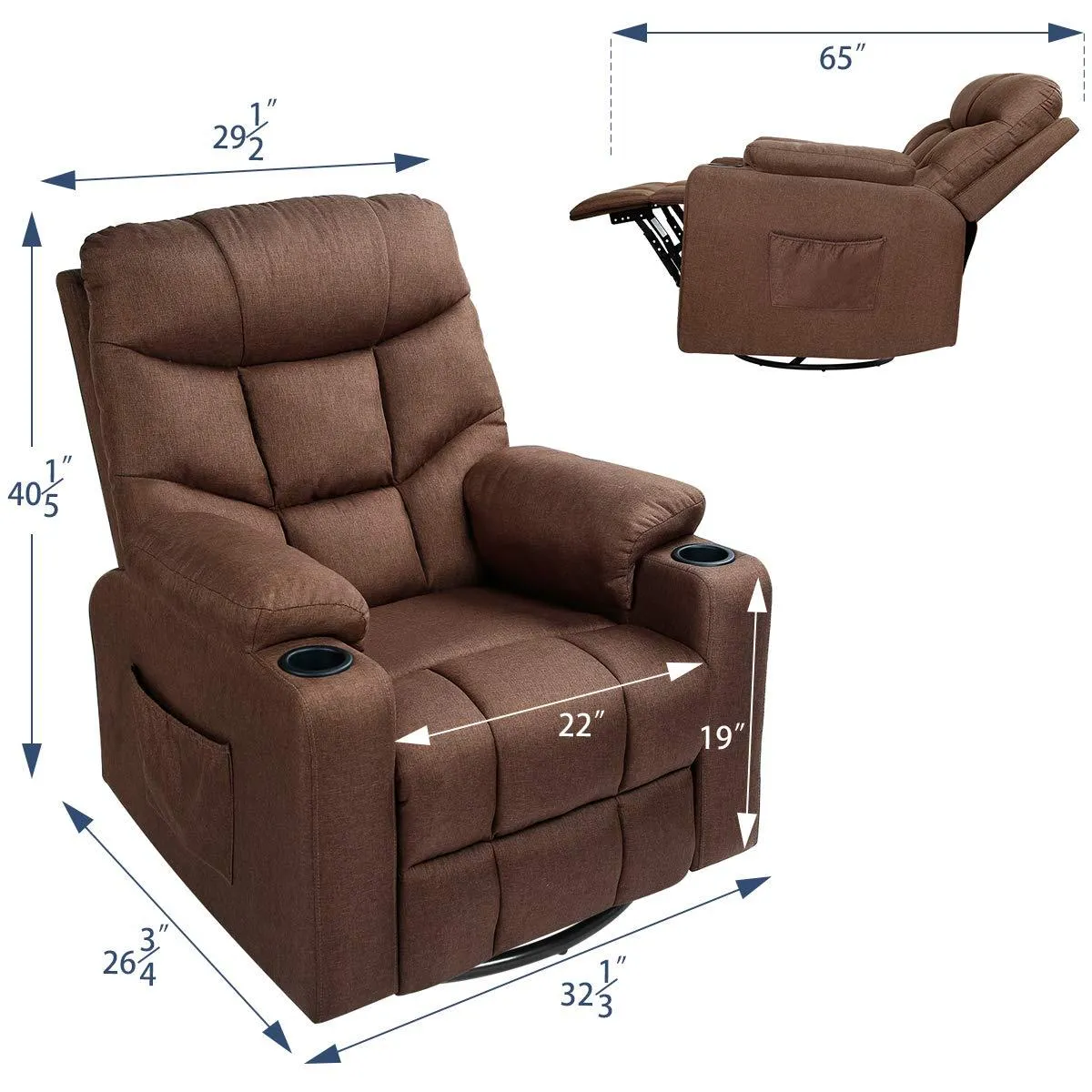 Coffee Fabric Massage Recliner Chair 360 Degrees Swivel Heated Ergonomic Lounge Chair