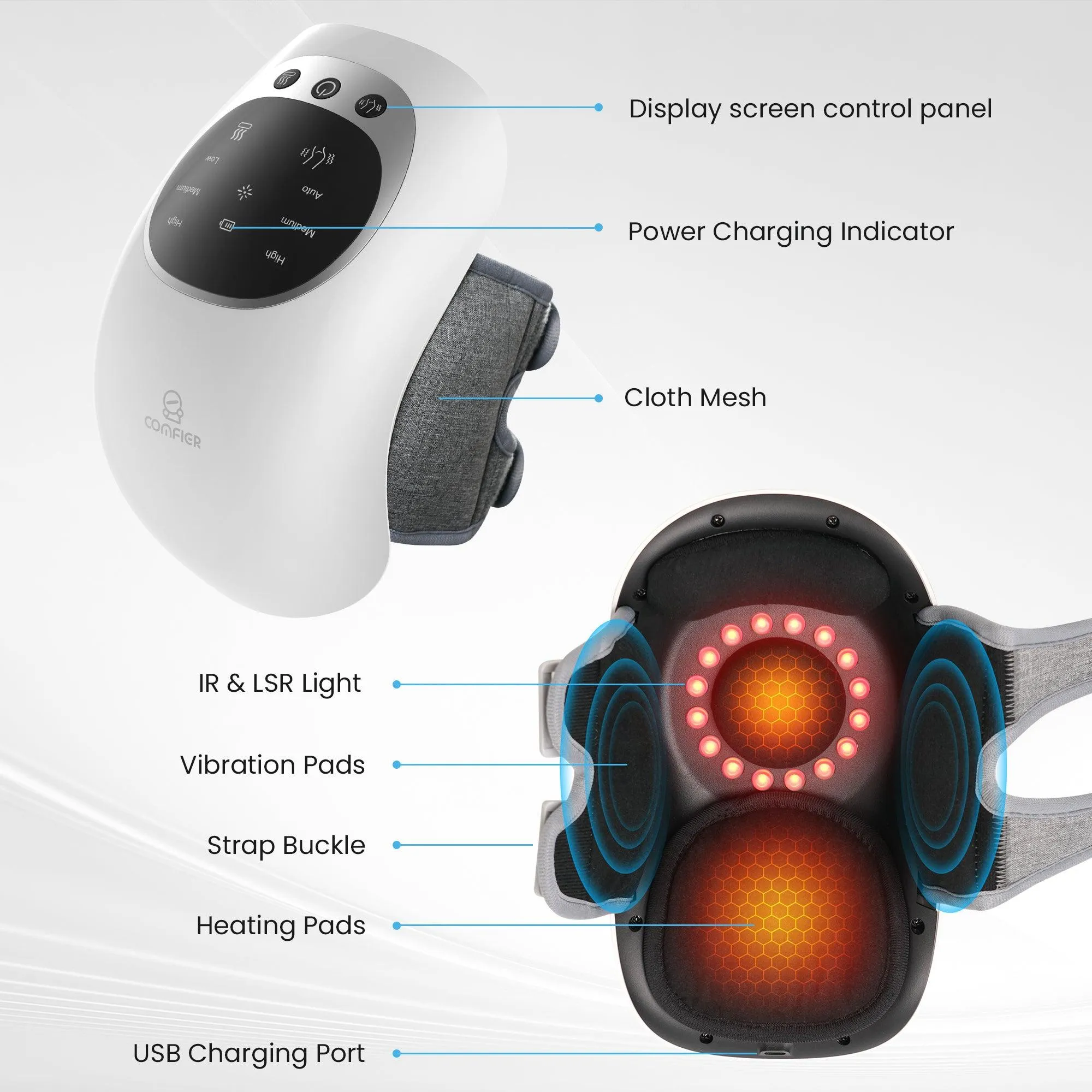 COMFIER Cordless Knee Massager with Heat and Red Light Therapy, Vibration Rechargeable Knee Support for knee Pain with LED Screen CF-5320