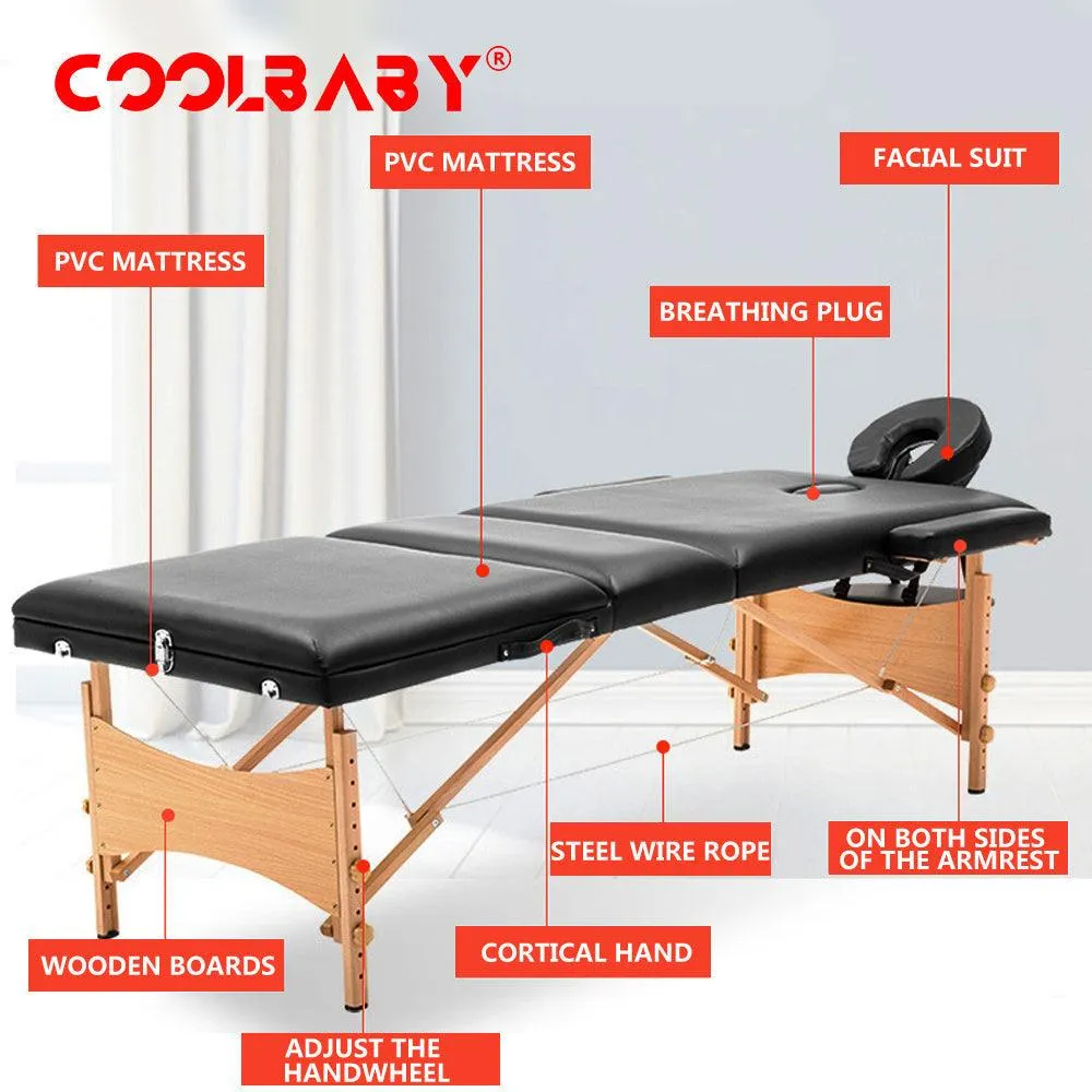 COOLBABY KYBJ-302 Portable Fitness Massage Table Professional Adjustable Folding Bed With 3 Sections Wooden Frame Ergonomic Headrest With Carrying Bag