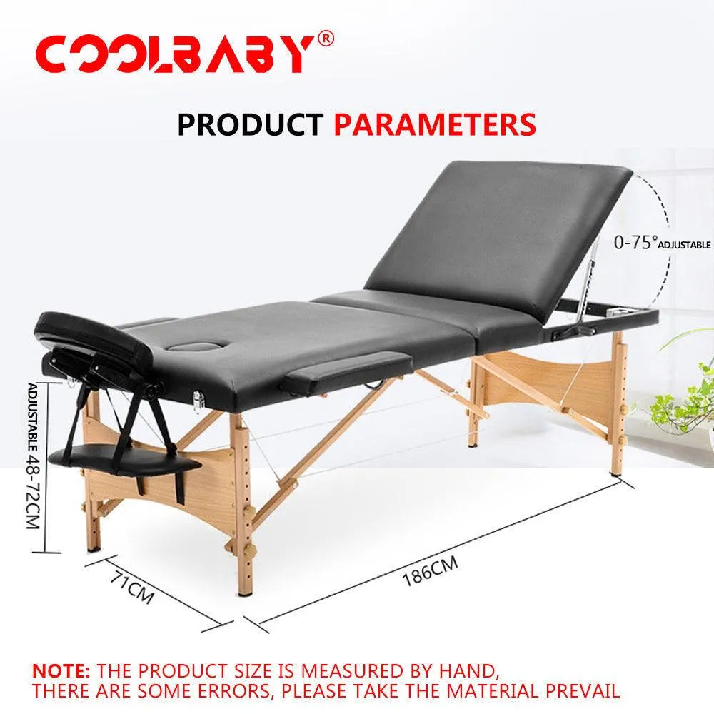 COOLBABY KYBJ-302 Portable Fitness Massage Table Professional Adjustable Folding Bed With 3 Sections Wooden Frame Ergonomic Headrest With Carrying Bag