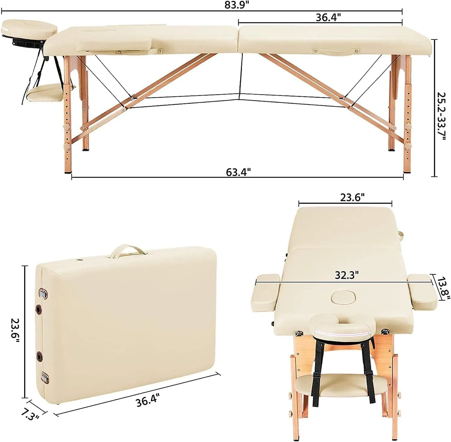 COOLBABY KYBJ-303 Portable Fitness Massage Table Professional Adjustable Folding Bed With 3 Sections Wooden Frame Ergonomic Headrest With Carrying Bag