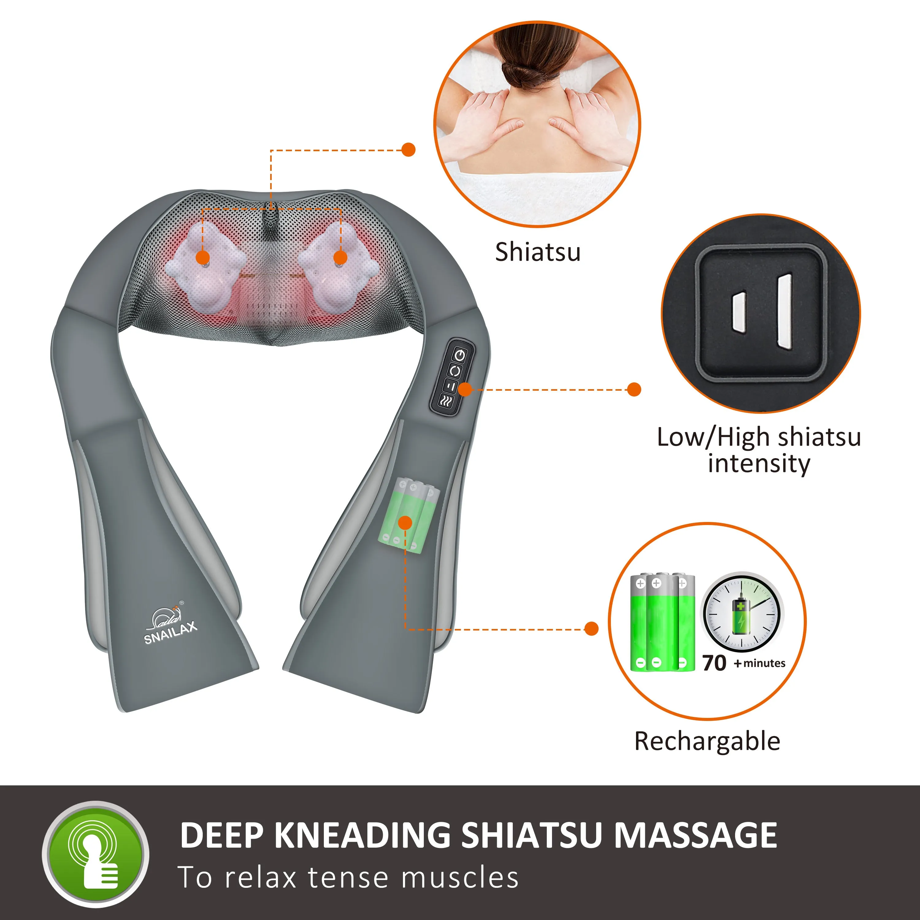 Cordless Neck Back Massager - Shiatsu Neck and Shoulder Massager with Heat (Grey) --632NC-G