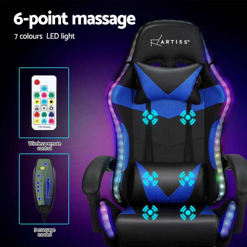 Ergonomic Massage Gaming Chair 6-Point LED Footrest - Artiss