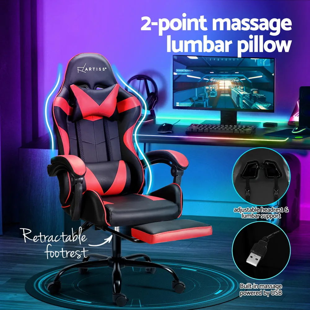 Ergonomic Massage Gaming Chair w/ Footrest, Red - Artiss