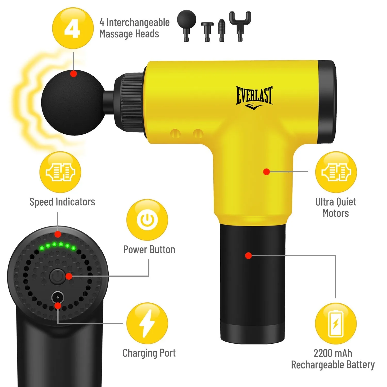 Everlast Beast Premium 6-Speed Deep Muscle Massage Gun with 4 Interchangeable Heads - Durable & Rugged