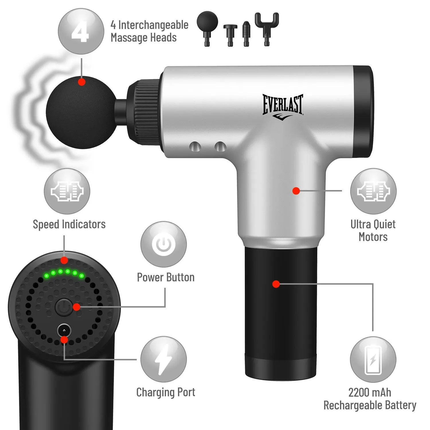 Everlast Beast Premium 6-Speed Deep Muscle Massage Gun with 4 Interchangeable Heads - Durable & Rugged