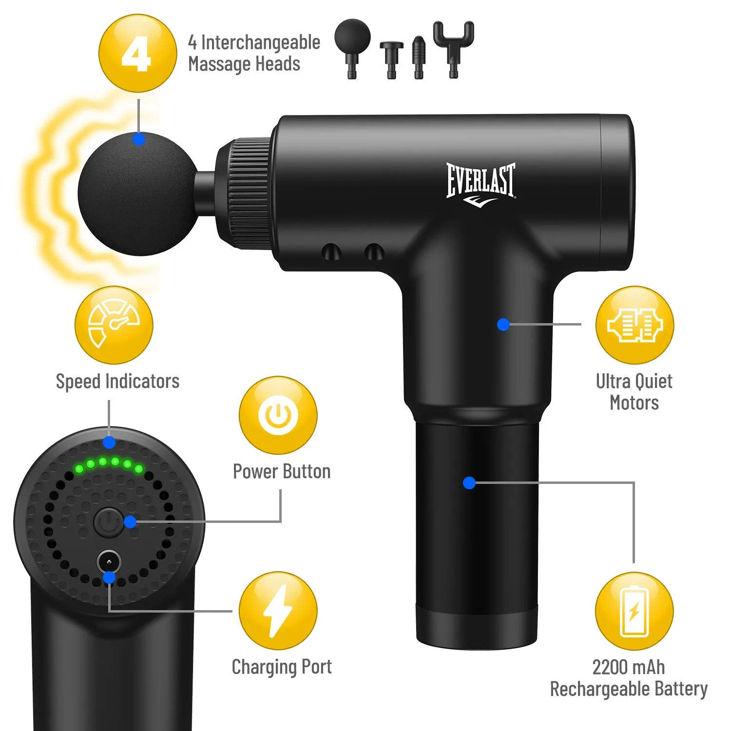 Everlast Beast Premium 6-Speed Deep Muscle Massage Gun with 4 Interchangeable Heads - Durable & Rugged