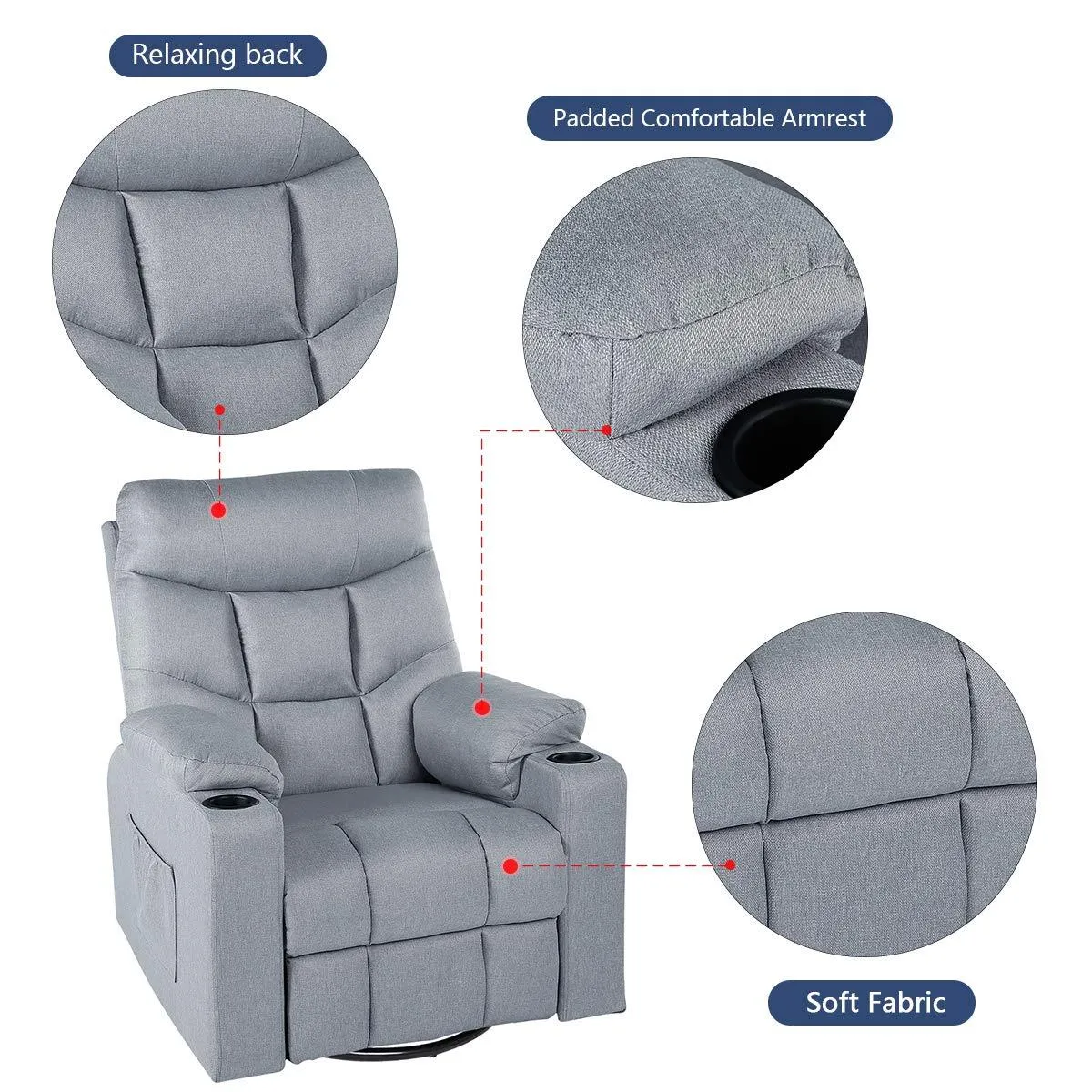 Grey Fabric Massage Recliner Chair 360 Degrees Swivel Heated Ergonomic Lounge Chair