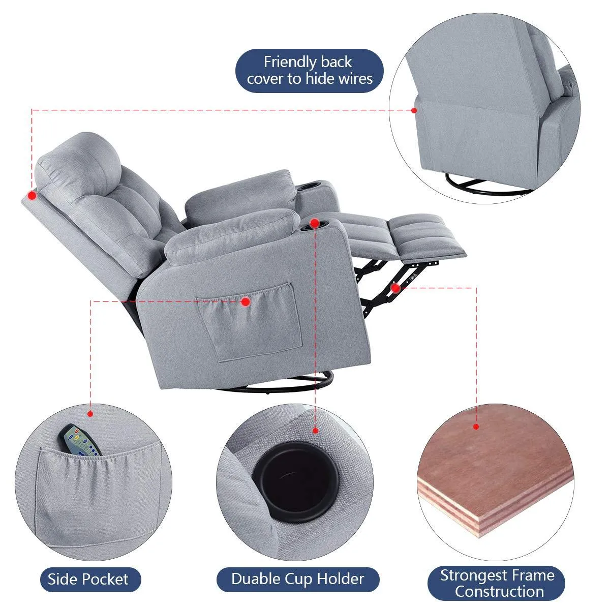 Grey Fabric Massage Recliner Chair 360 Degrees Swivel Heated Ergonomic Lounge Chair