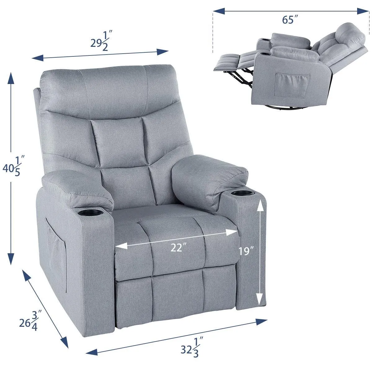 Grey Fabric Massage Recliner Chair 360 Degrees Swivel Heated Ergonomic Lounge Chair