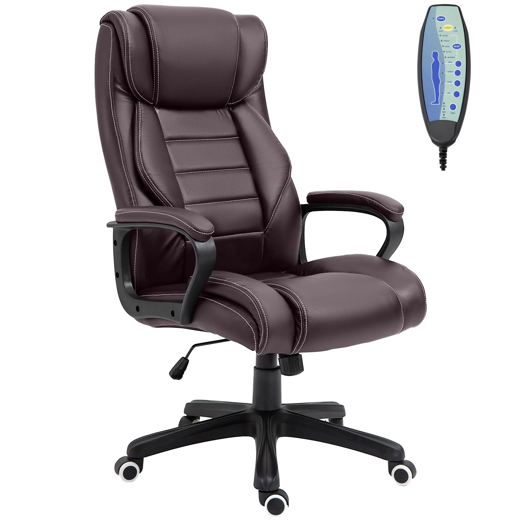 High Back Executive Office Chair 6- Point Vibration Massage Extra Padded Swivel Ergonomic Tilt Desk Seat, Brown