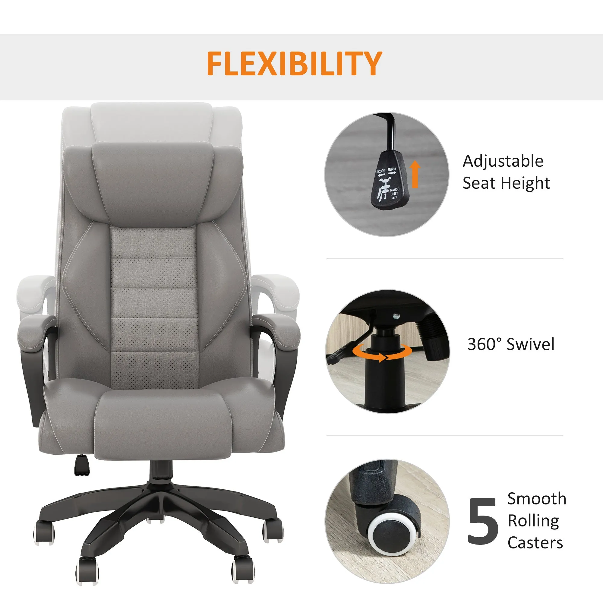 High Back Executive Office Chair 6- Point Vibration Massage Extra Padded Swivel Ergonomic Tilt Desk Seat, Grey