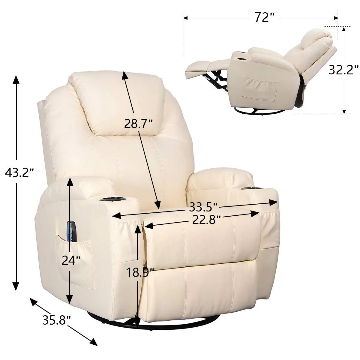 Massage Recliner Chair, Heated PU Leather Rocker Recliner with 360 Degrees Swivel, Cup Holder and Remote Control, Cream