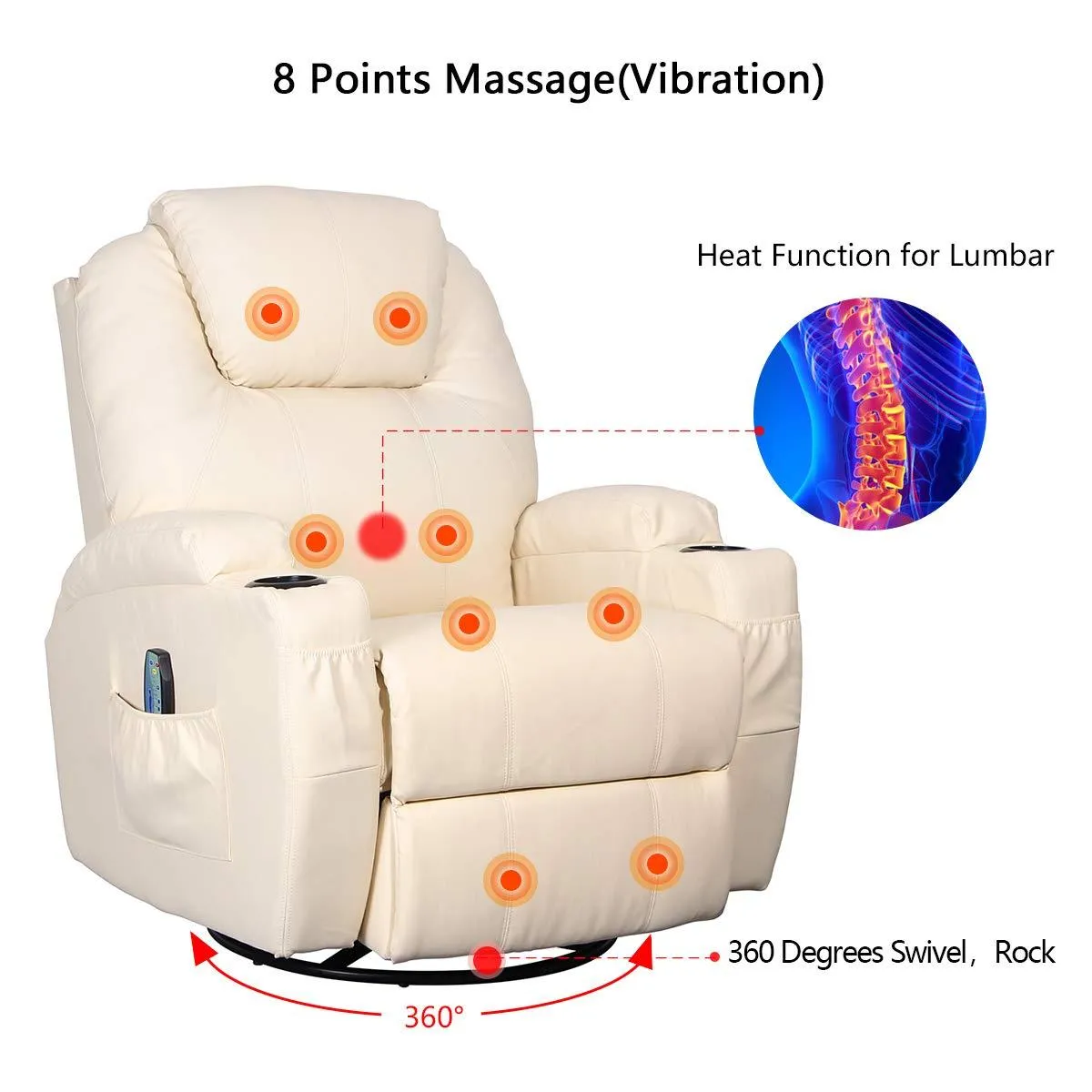 Massage Recliner Chair, Heated PU Leather Rocker Recliner with 360 Degrees Swivel, Cup Holder and Remote Control, Cream