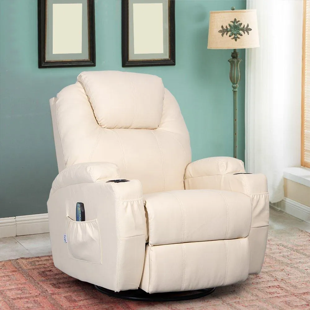 Massage Recliner Chair, Heated PU Leather Rocker Recliner with 360 Degrees Swivel, Cup Holder and Remote Control, Cream