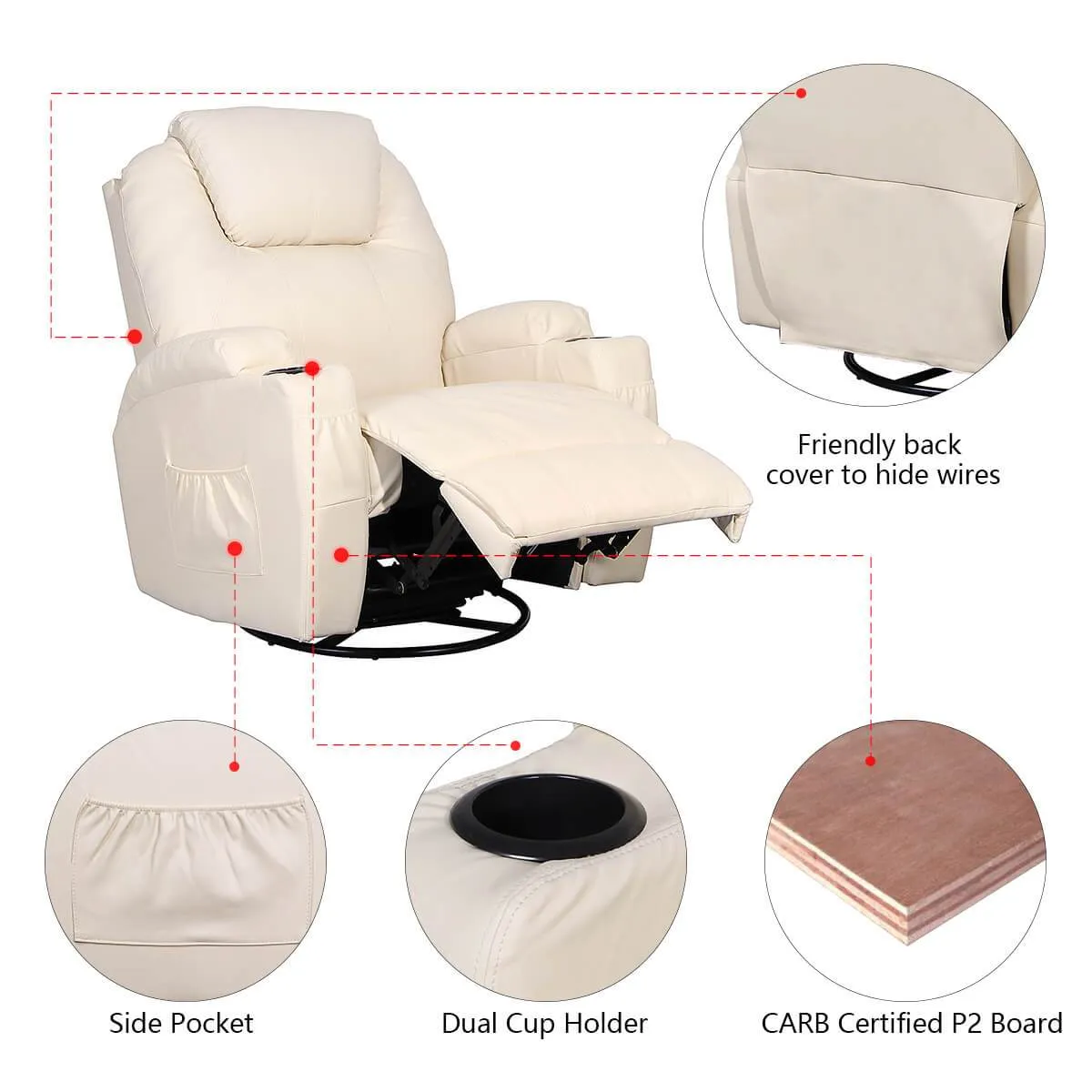 Massage Recliner Chair, Heated PU Leather Rocker Recliner with 360 Degrees Swivel, Cup Holder and Remote Control, Cream