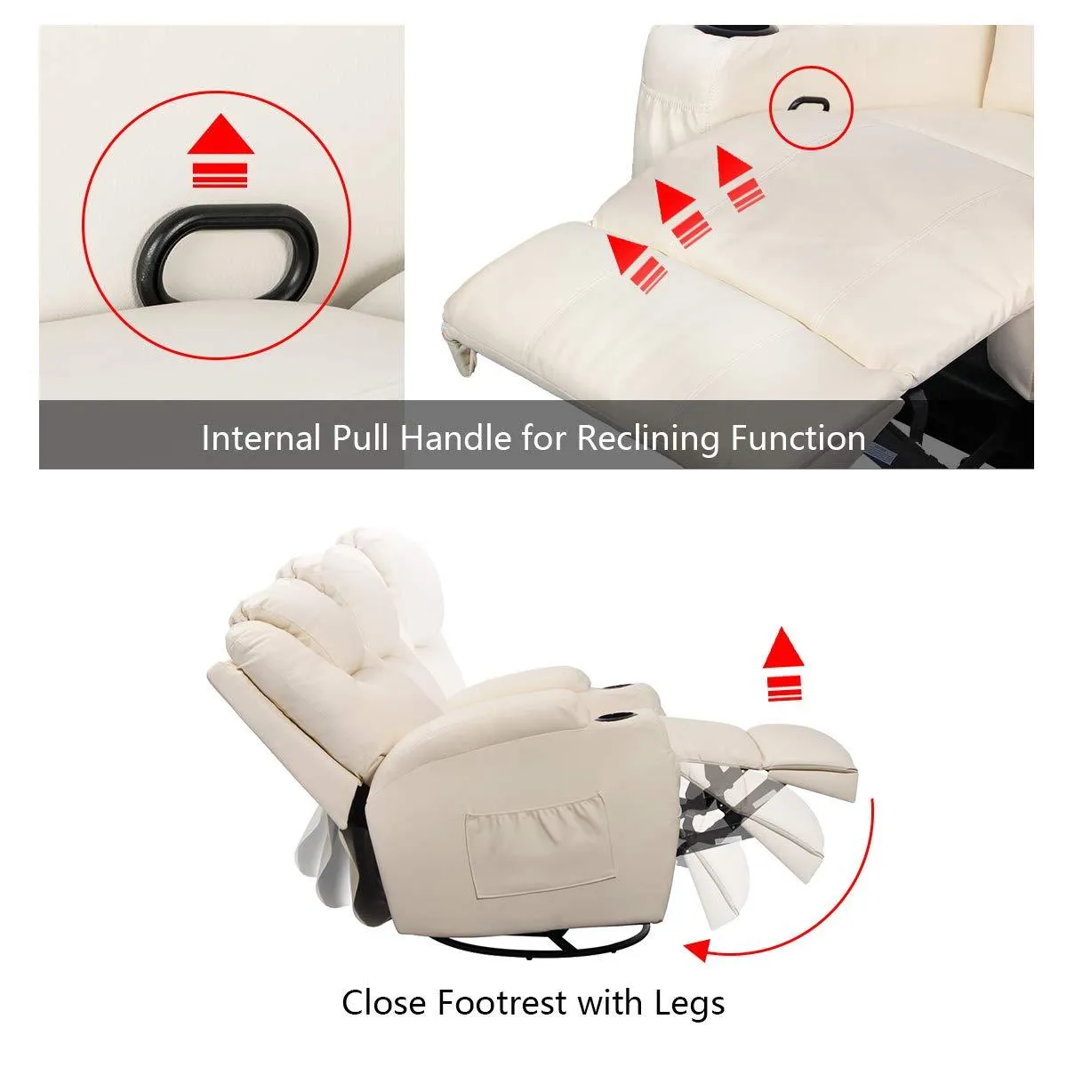 Massage Recliner Chair, Heated PU Leather Rocker Recliner with 360 Degrees Swivel, Cup Holder and Remote Control, Cream