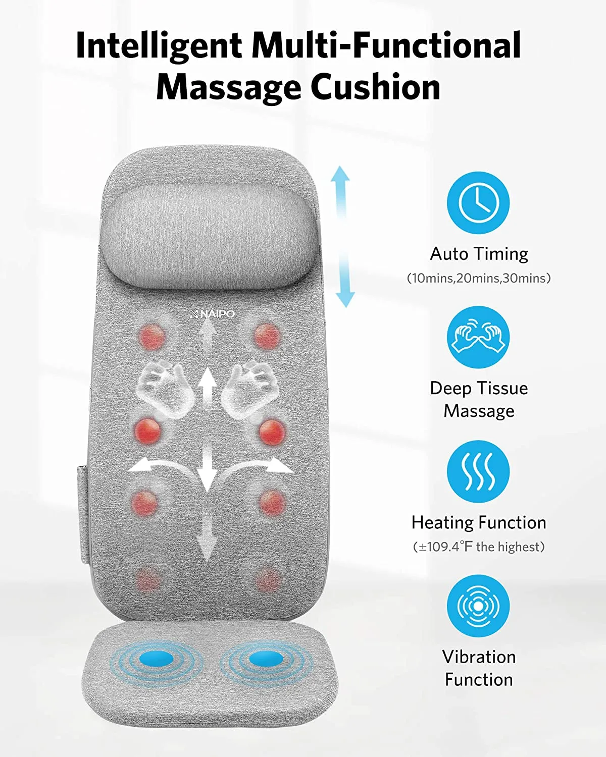 Naipo Shiatsu Massage Cushion with Heat and Vibration, Massage Chair Pad to Relax Full Back, Shoulders, Lumbar and Thighs