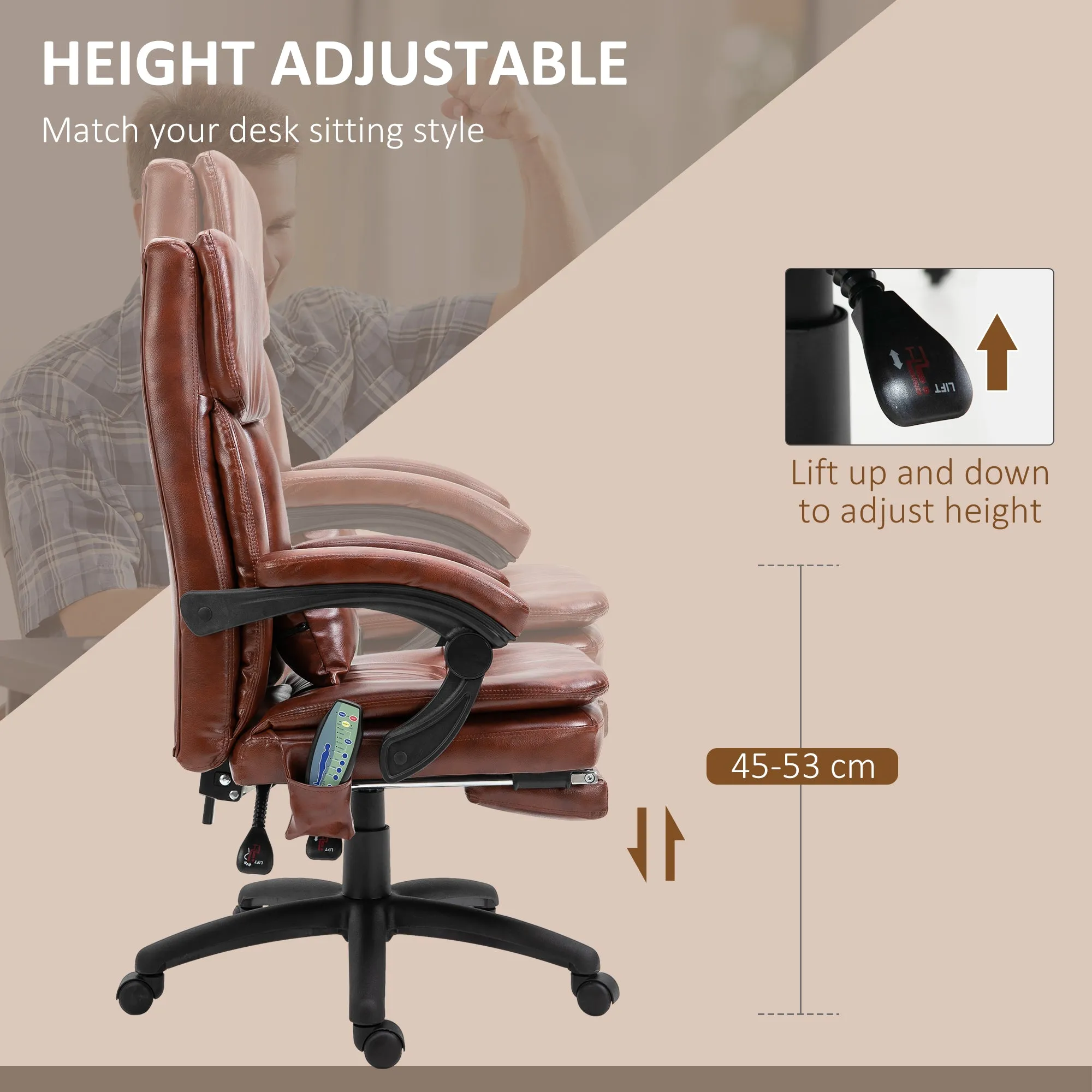 PU Leather Office Chair with 7 Point Vibrating Massage, Computer Desk Chair with Footrest, Adjustable Height, Reclining Back, Brown