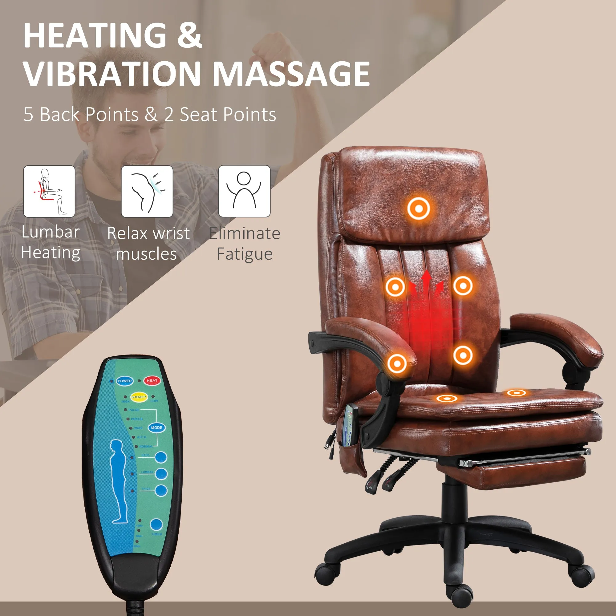 PU Leather Office Chair with 7 Point Vibrating Massage, Computer Desk Chair with Footrest, Adjustable Height, Reclining Back, Brown