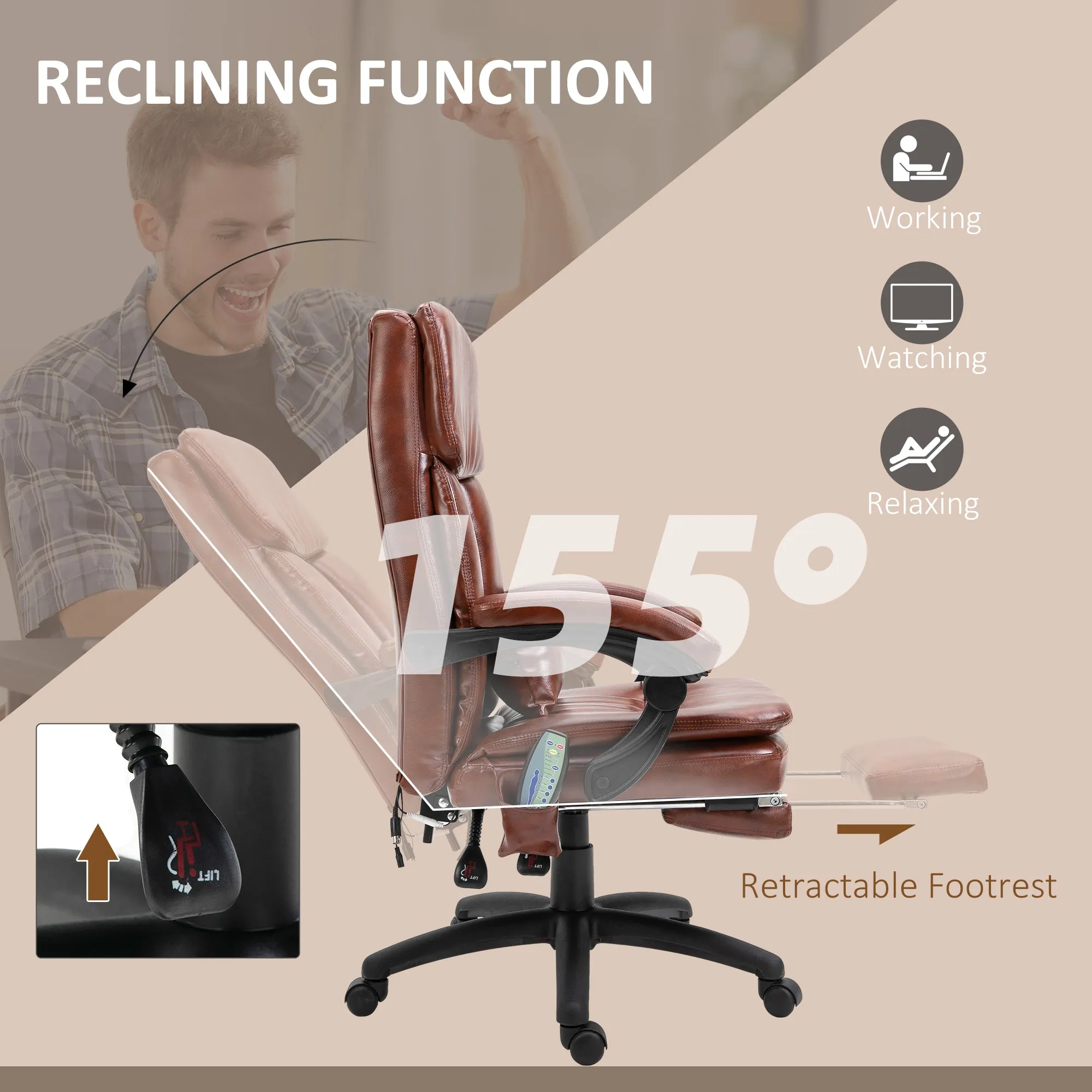 PU Leather Office Chair with 7 Point Vibrating Massage, Computer Desk Chair with Footrest, Adjustable Height, Reclining Back, Brown