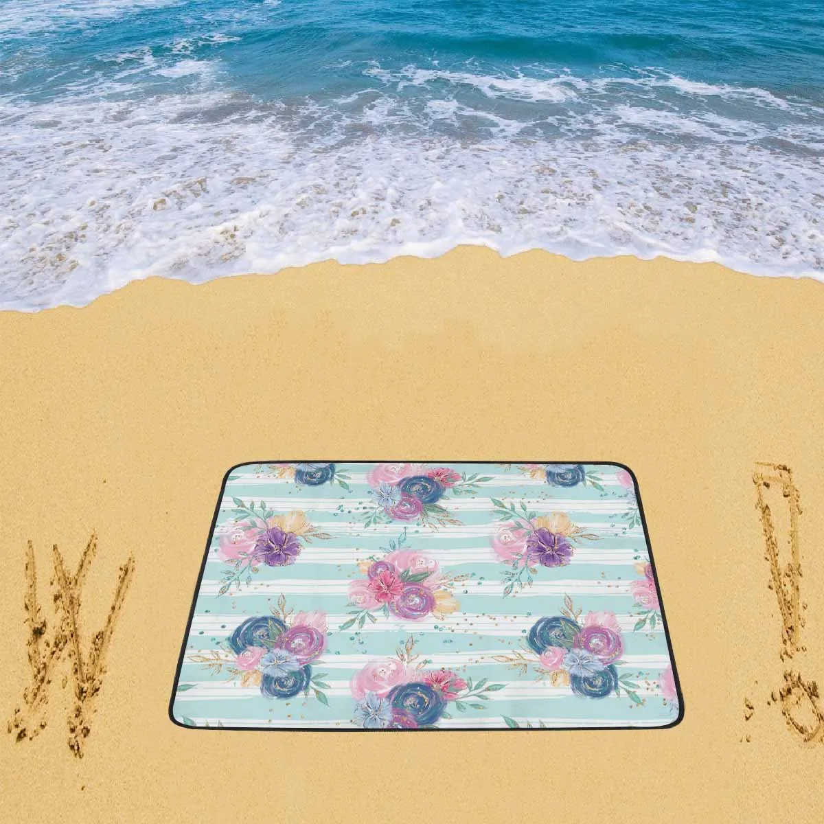 Purple and Pink floral Blue Stripes  Beach Mats 78"x 60"