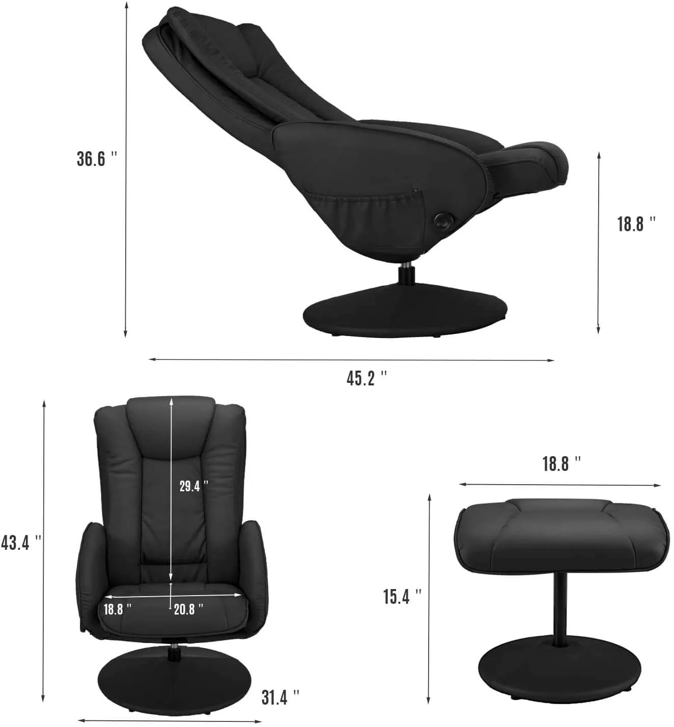 Recliner Chair and Ottoman, 360 Degrees Swivel Ergonomic Faux Leather Lounge Recliner with Footrest, Vibration Massage Lounge Chair with Side Pocket, Black