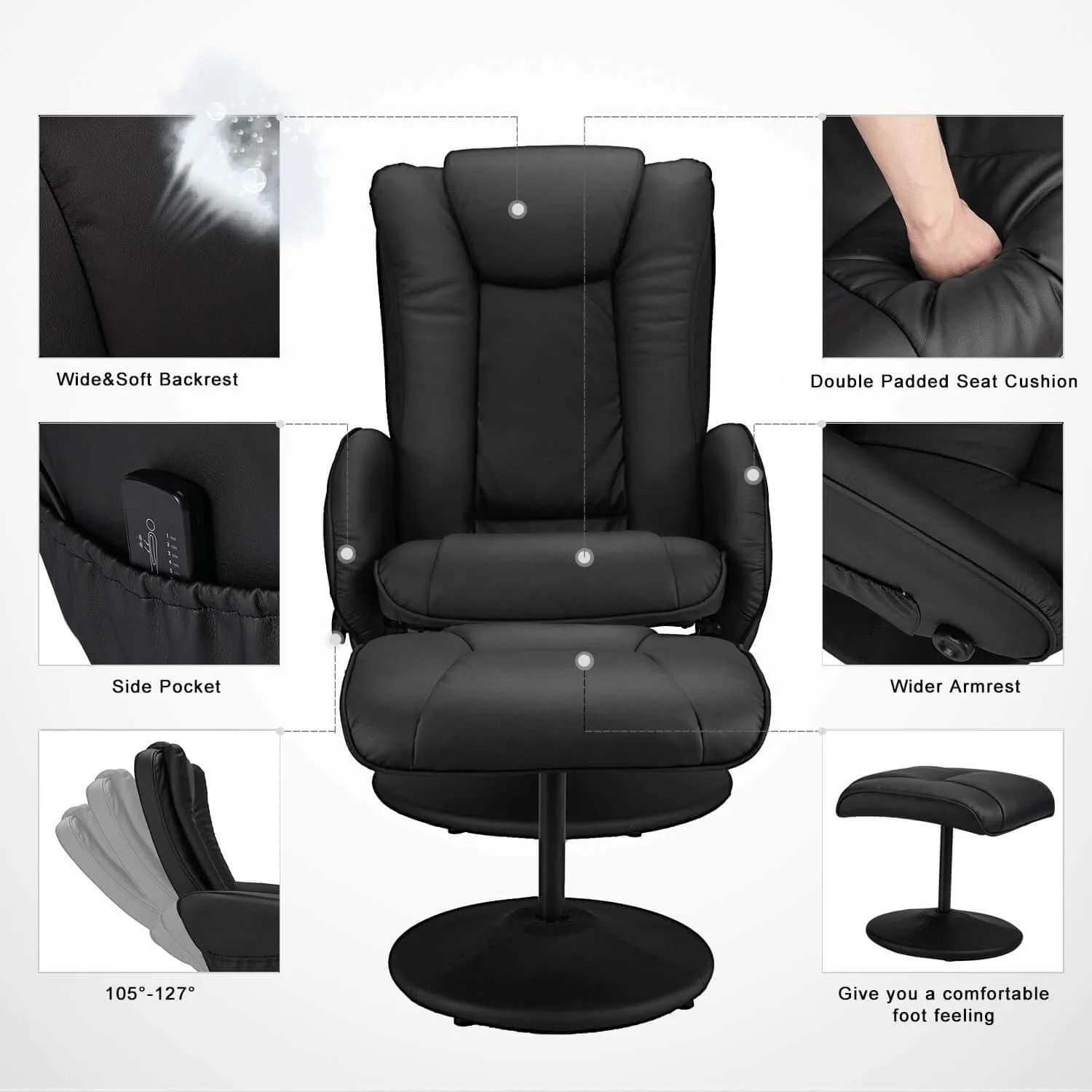 Recliner Chair and Ottoman, 360 Degrees Swivel Ergonomic Faux Leather Lounge Recliner with Footrest, Vibration Massage Lounge Chair with Side Pocket, Black