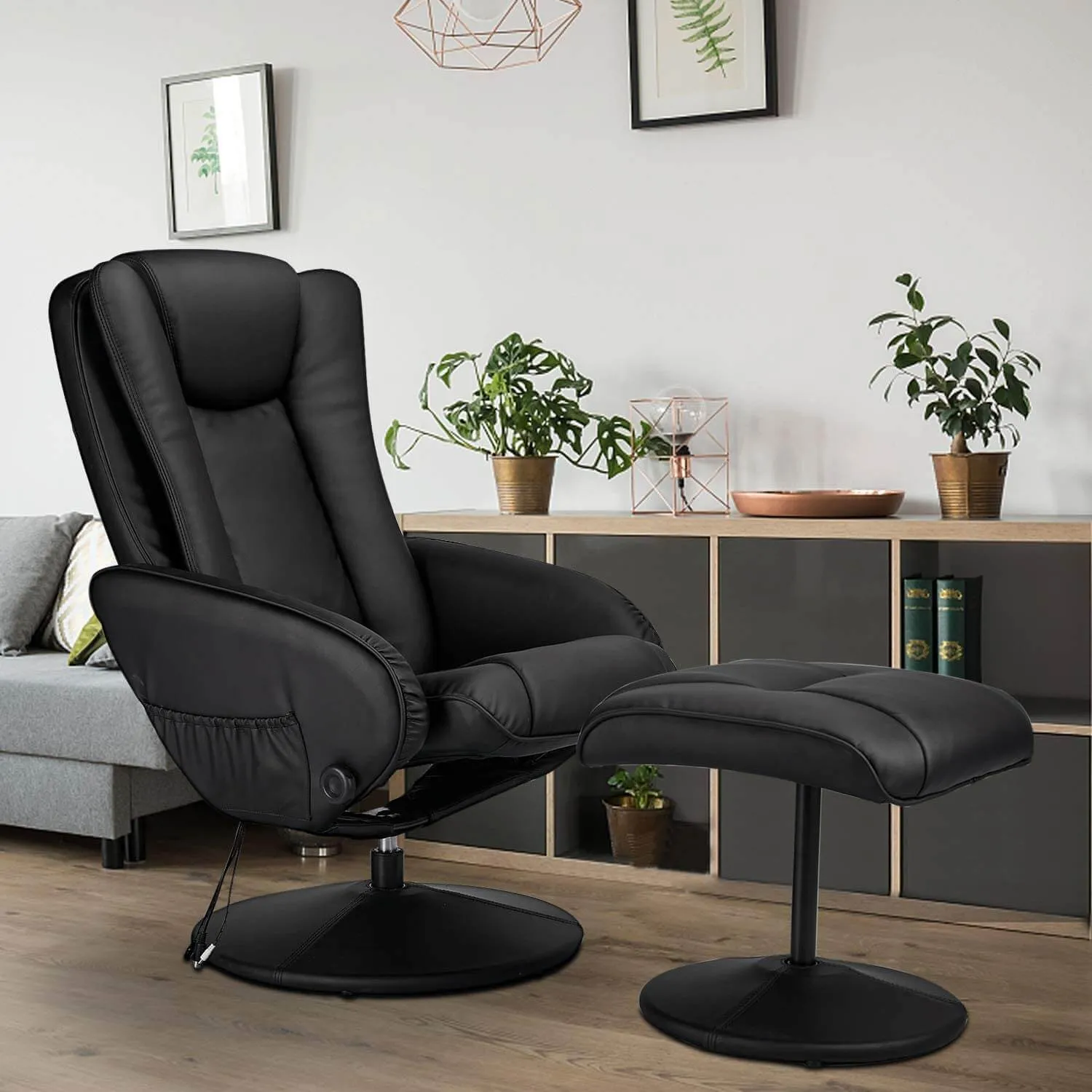 Recliner Chair and Ottoman, 360 Degrees Swivel Ergonomic Faux Leather Lounge Recliner with Footrest, Vibration Massage Lounge Chair with Side Pocket, Black