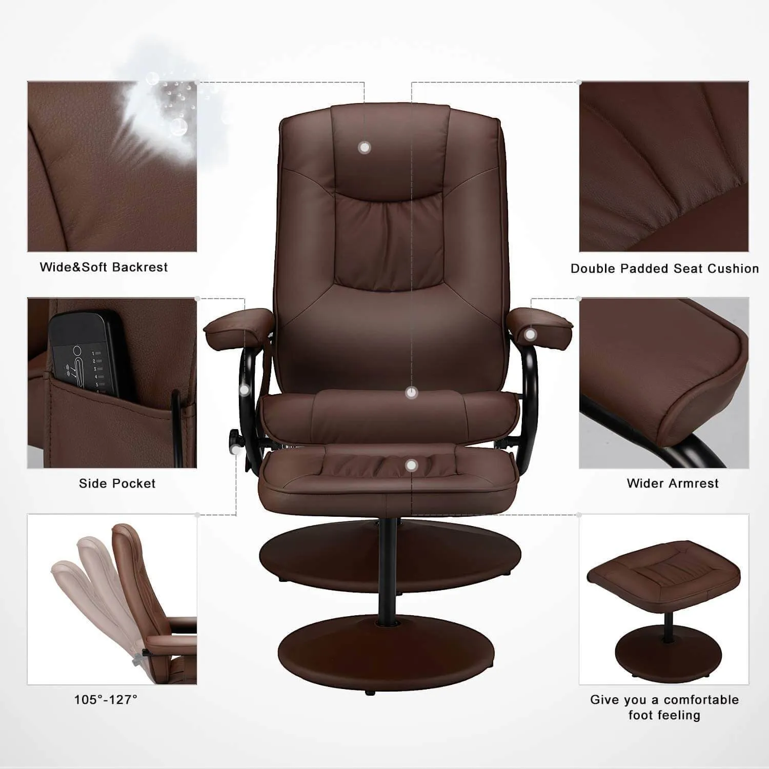 Recliner Chair and Ottoman, 360 Degrees Swivel Ergonomic Faux Leather Lounge Recliner with Footrest, Vibration Massage Lounge Chair with Side Pocket, Brown