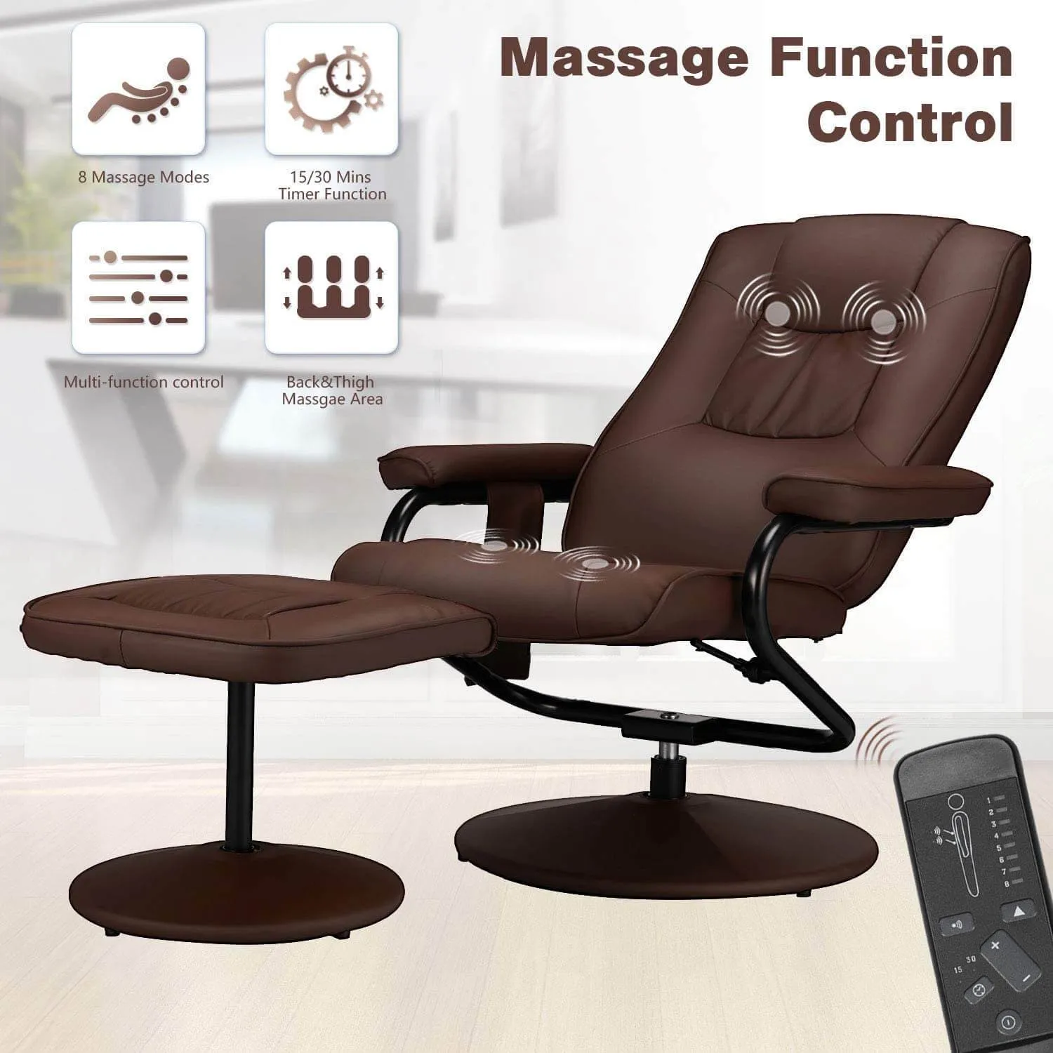 Recliner Chair and Ottoman, 360 Degrees Swivel Ergonomic Faux Leather Lounge Recliner with Footrest, Vibration Massage Lounge Chair with Side Pocket, Brown