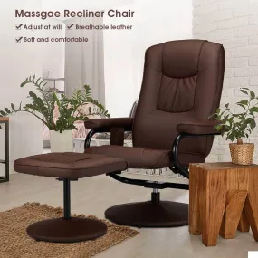 Recliner Chair and Ottoman, 360 Degrees Swivel Ergonomic Faux Leather Lounge Recliner with Footrest, Vibration Massage Lounge Chair with Side Pocket, Brown