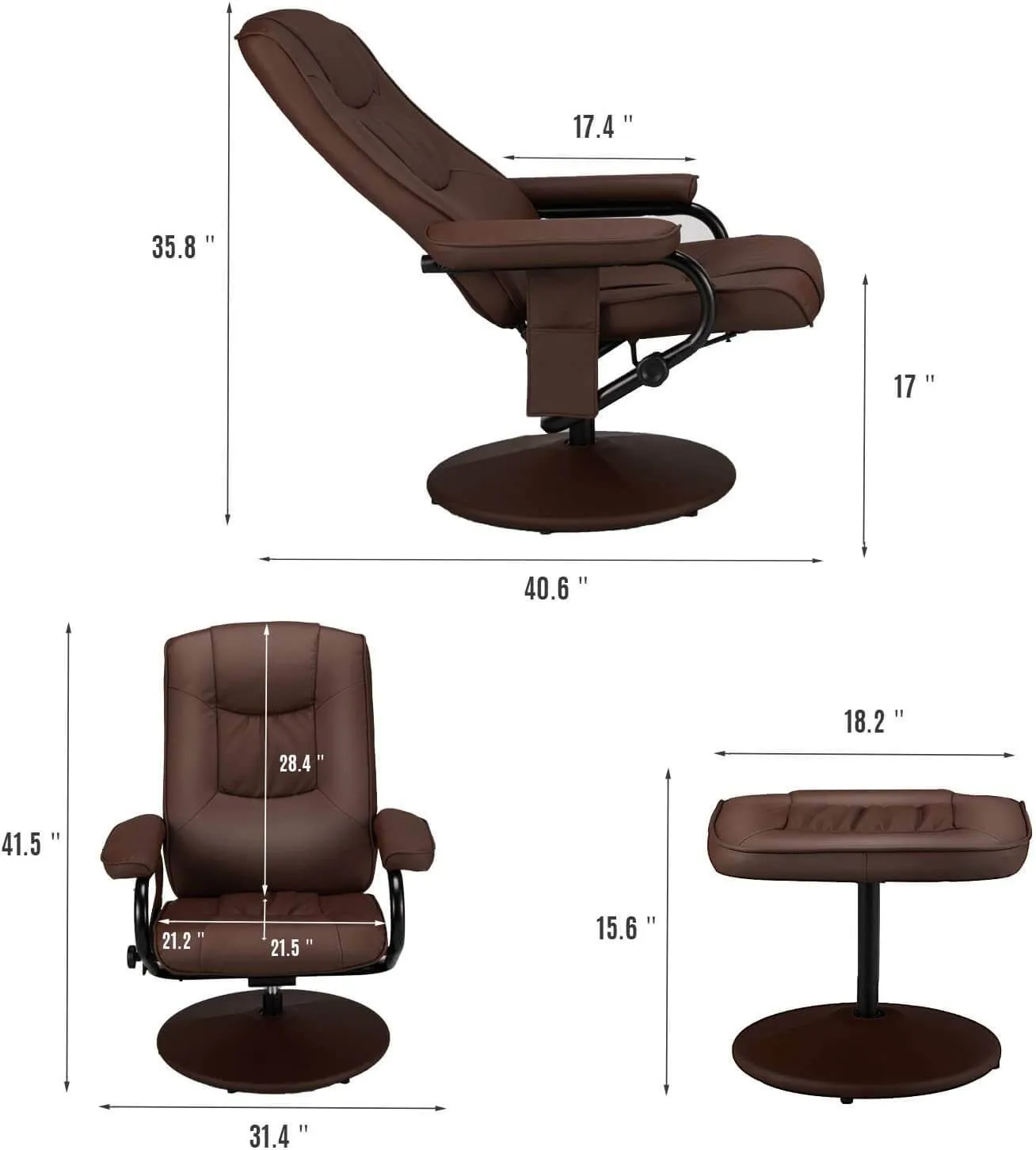 Recliner Chair and Ottoman, 360 Degrees Swivel Ergonomic Faux Leather Lounge Recliner with Footrest, Vibration Massage Lounge Chair with Side Pocket, Brown