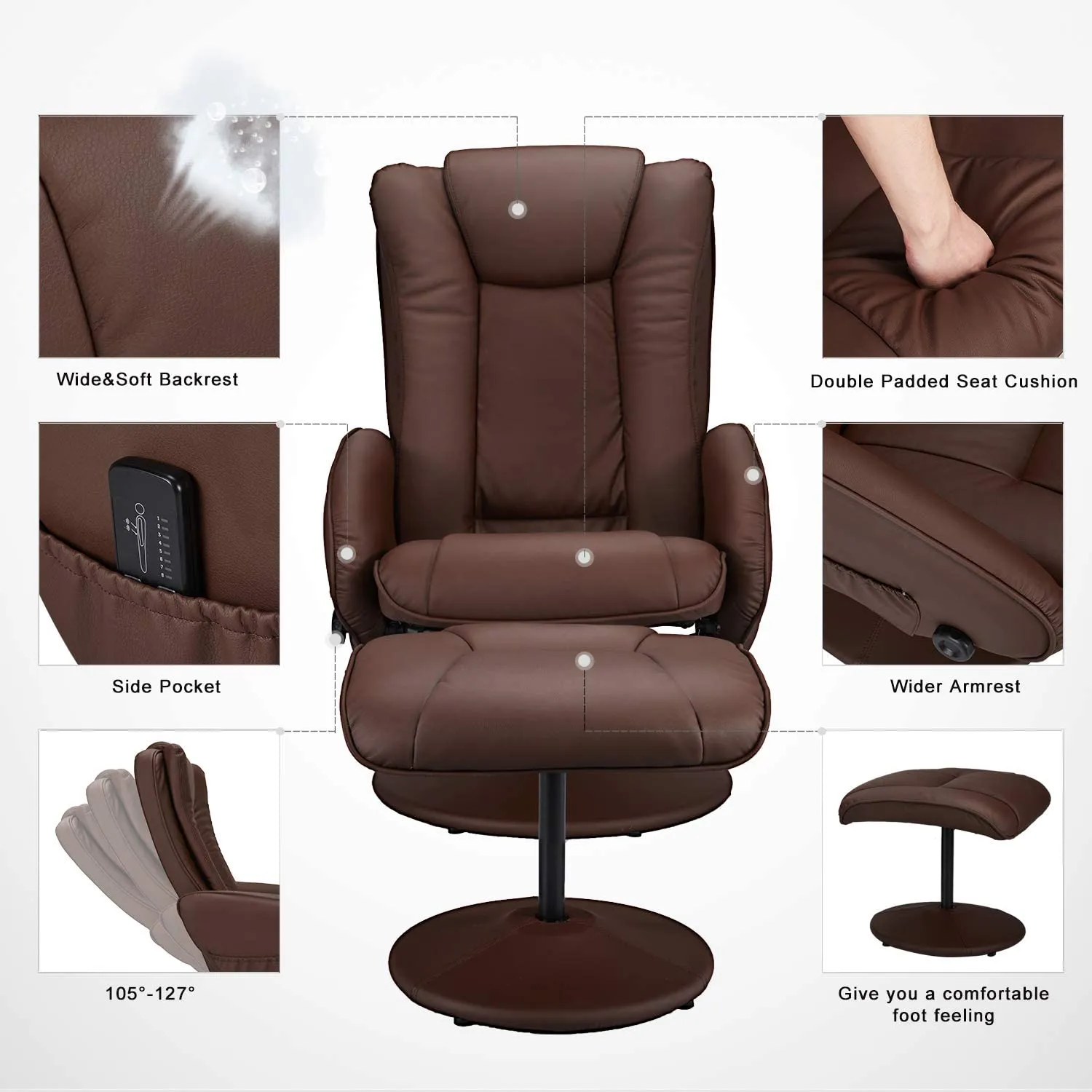 Recliner Chair and Ottoman, 360 Degrees Swivel Ergonomic Faux Leather Lounge Recliner with Footrest, Vibration Massage Lounge Chair with Side Pocket, Brown