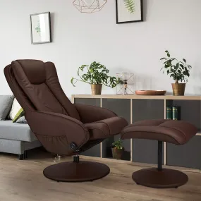 Recliner Chair and Ottoman, 360 Degrees Swivel Ergonomic Faux Leather Lounge Recliner with Footrest, Vibration Massage Lounge Chair with Side Pocket, Brown