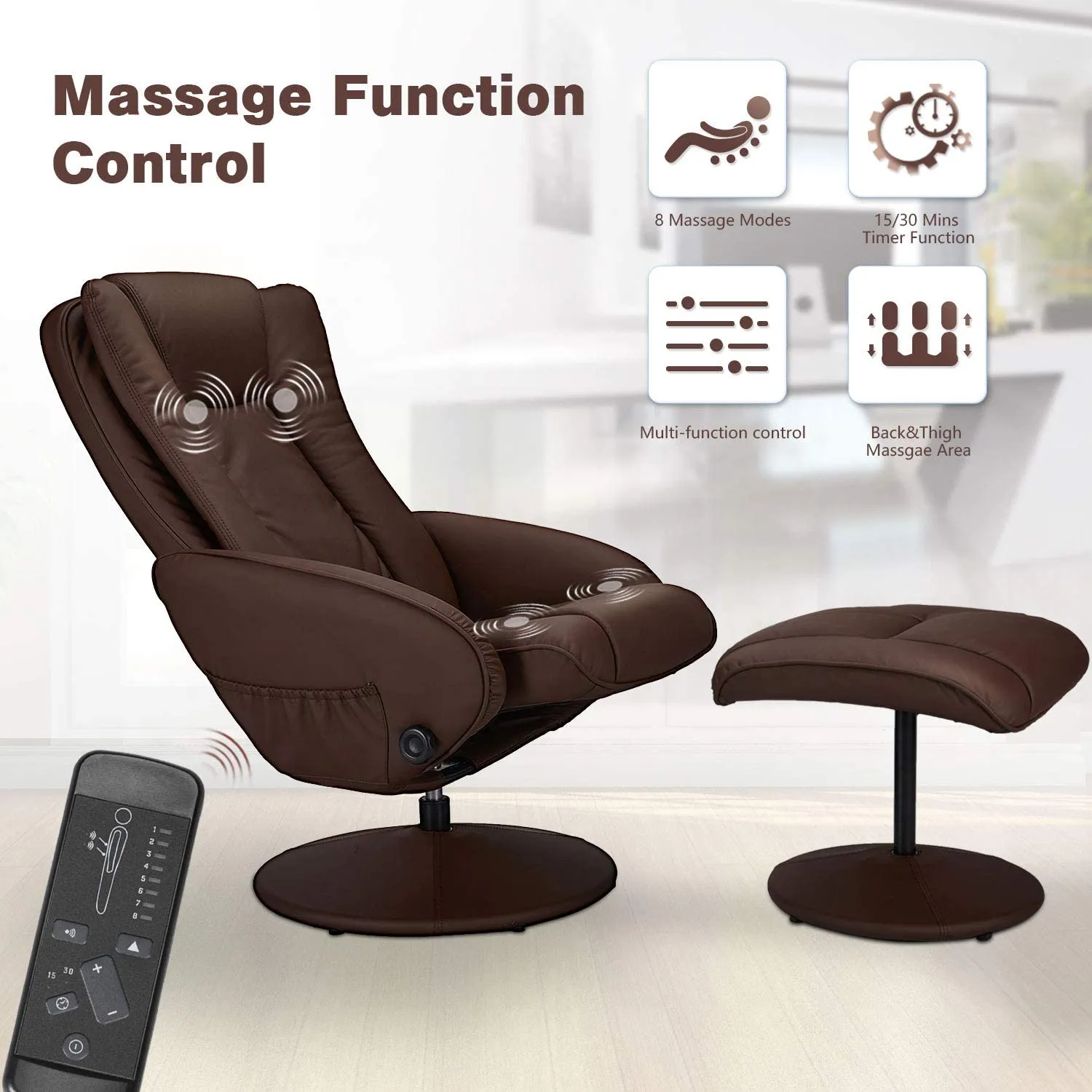 Recliner Chair and Ottoman, 360 Degrees Swivel Ergonomic Faux Leather Lounge Recliner with Footrest, Vibration Massage Lounge Chair with Side Pocket, Brown