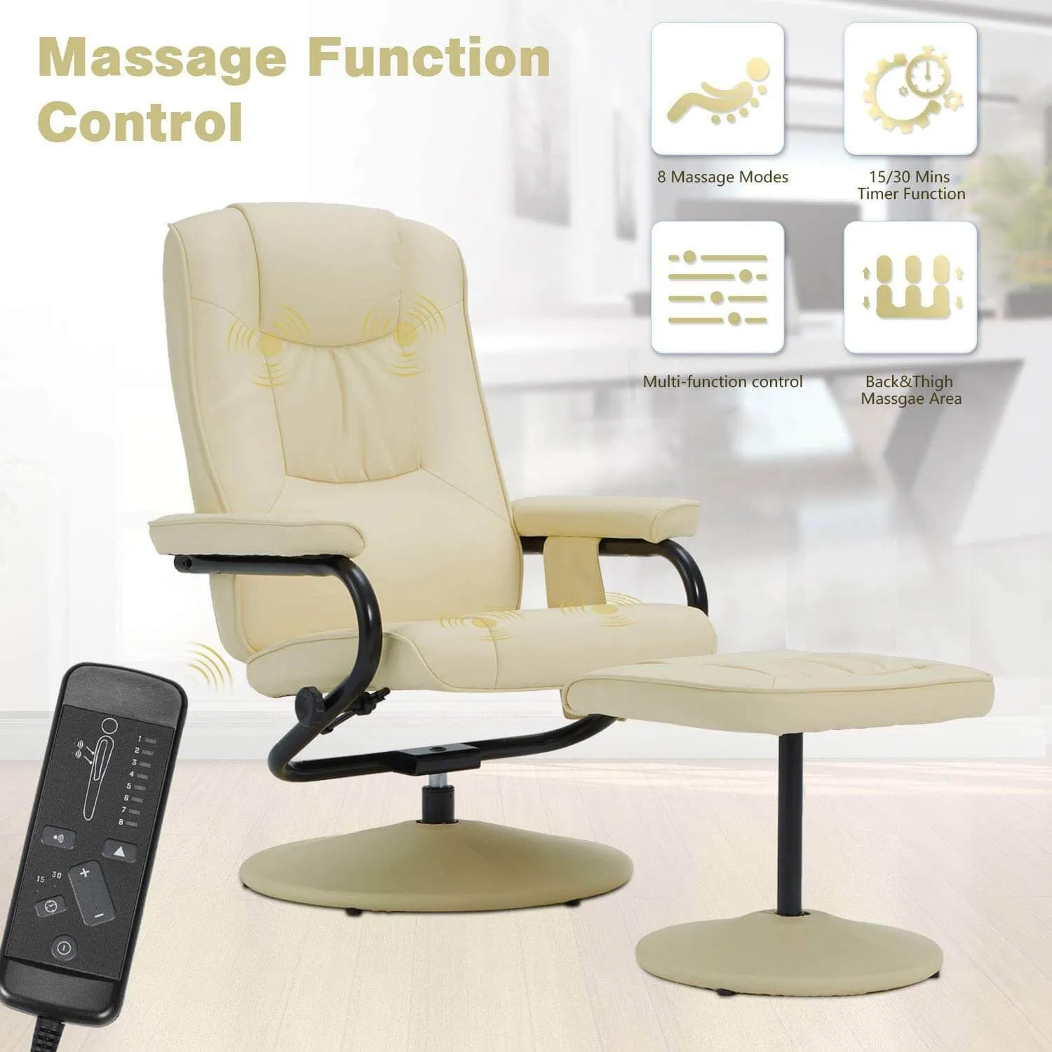 Recliner Chair and Ottoman, 360 Degrees Swivel Ergonomic Faux Leather Lounge Recliner with Footrest, Vibration Massage Lounge Chair with Side Pocket, Cream White