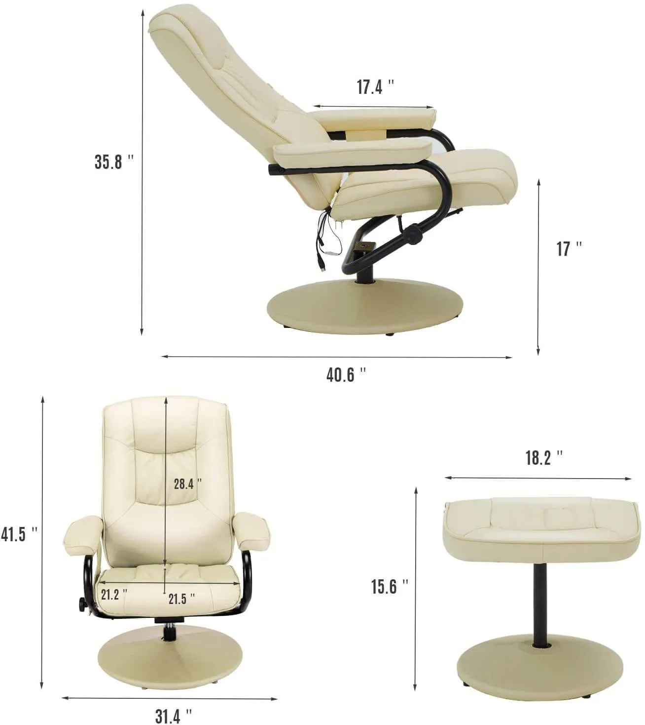 Recliner Chair and Ottoman, 360 Degrees Swivel Ergonomic Faux Leather Lounge Recliner with Footrest, Vibration Massage Lounge Chair with Side Pocket, Cream White