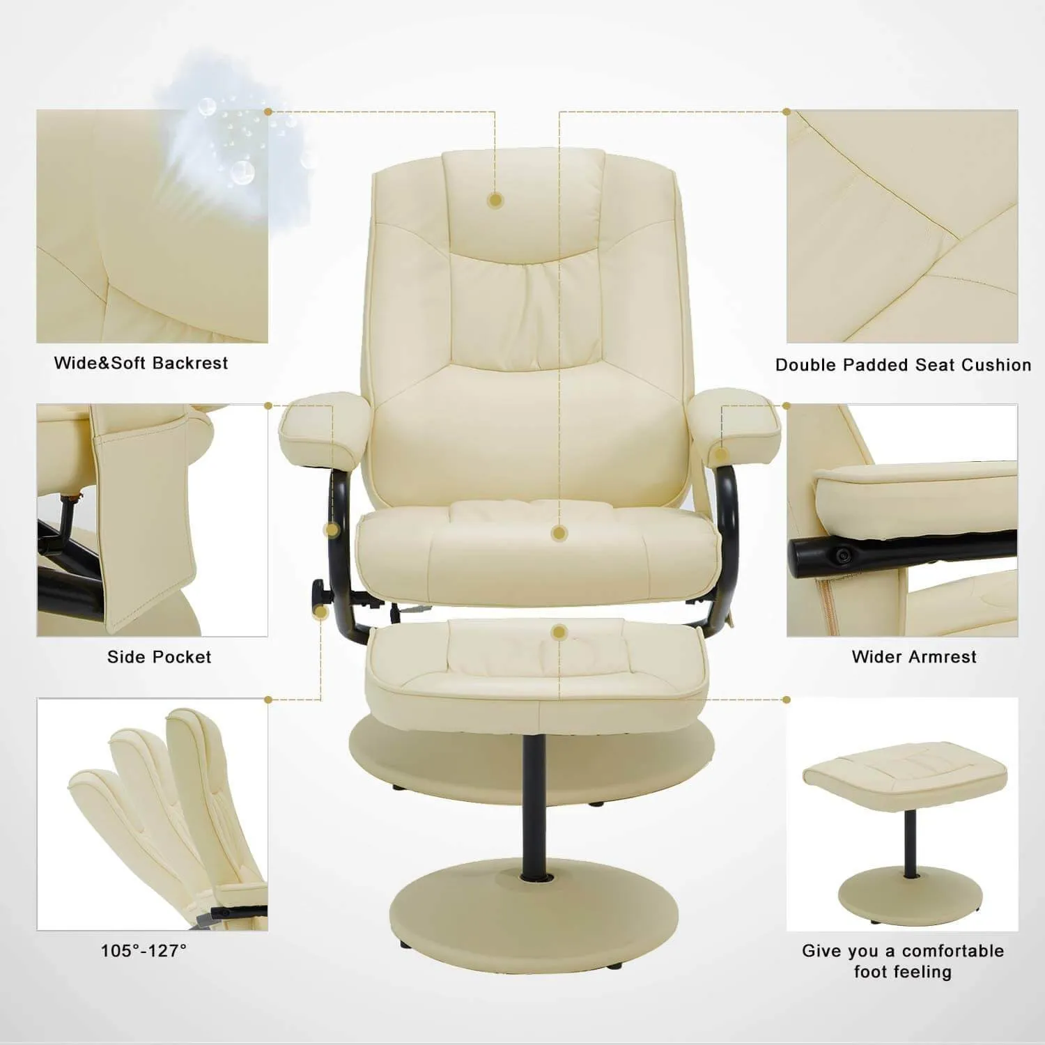 Recliner Chair and Ottoman, 360 Degrees Swivel Ergonomic Faux Leather Lounge Recliner with Footrest, Vibration Massage Lounge Chair with Side Pocket, Cream White