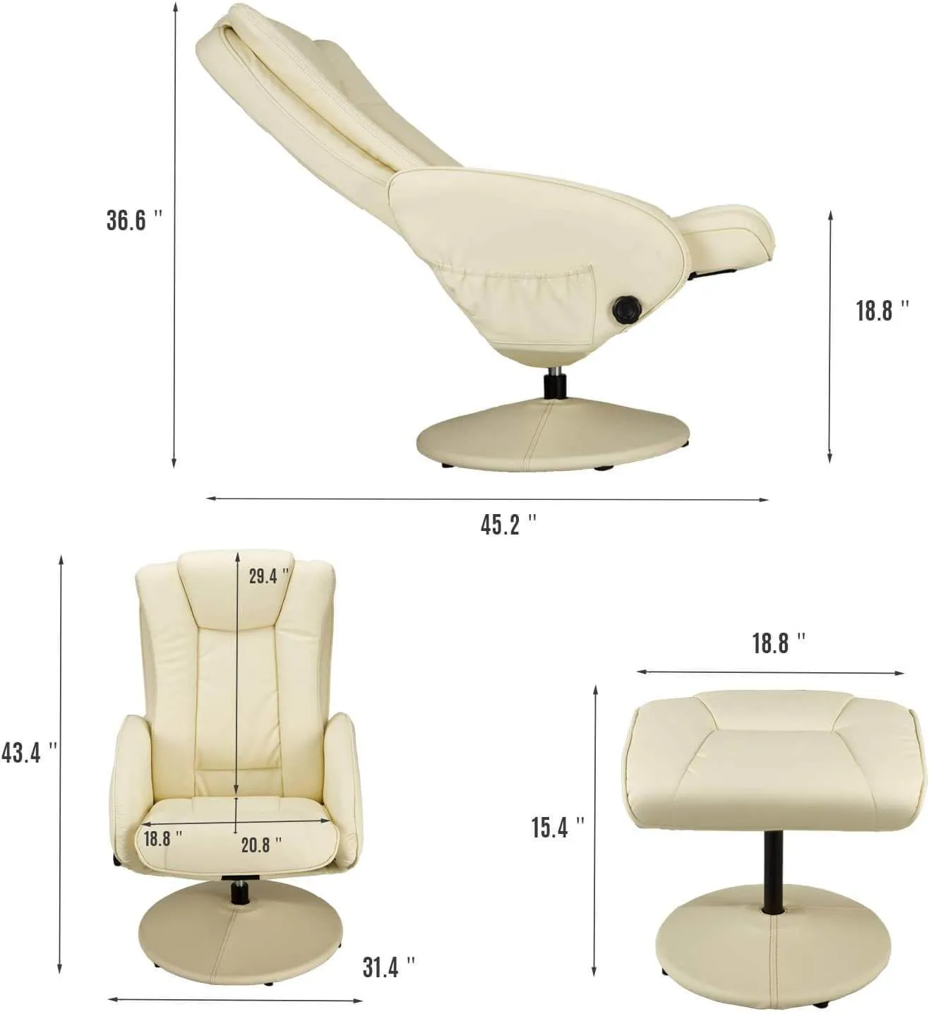 Recliner Chair and Ottoman, Ergonomic Swivel Faux Leather Lounge Recliner with Footrest, Vibration Massage Lounge Chair, Cream White