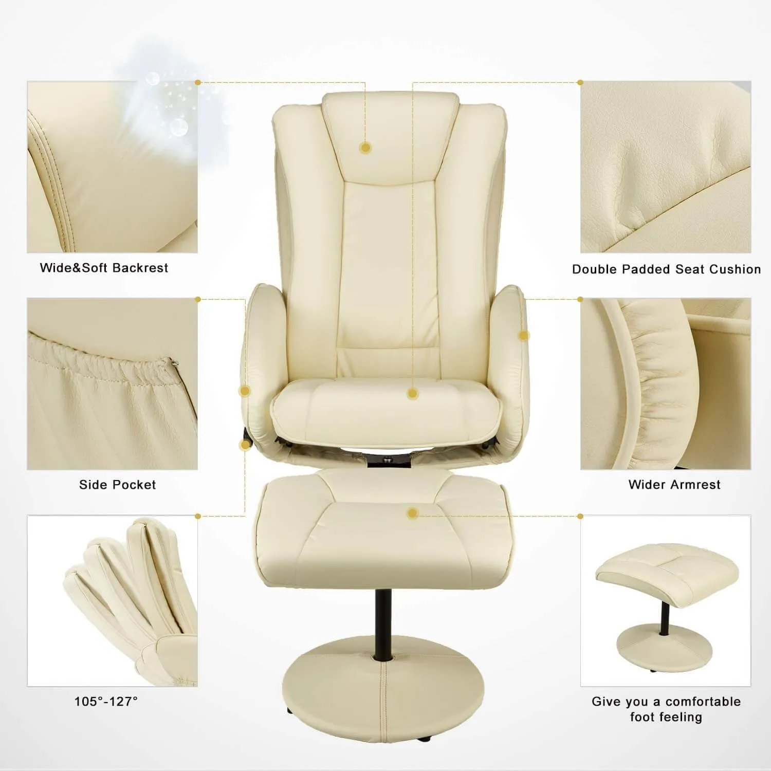 Recliner Chair and Ottoman, Ergonomic Swivel Faux Leather Lounge Recliner with Footrest, Vibration Massage Lounge Chair, Cream White