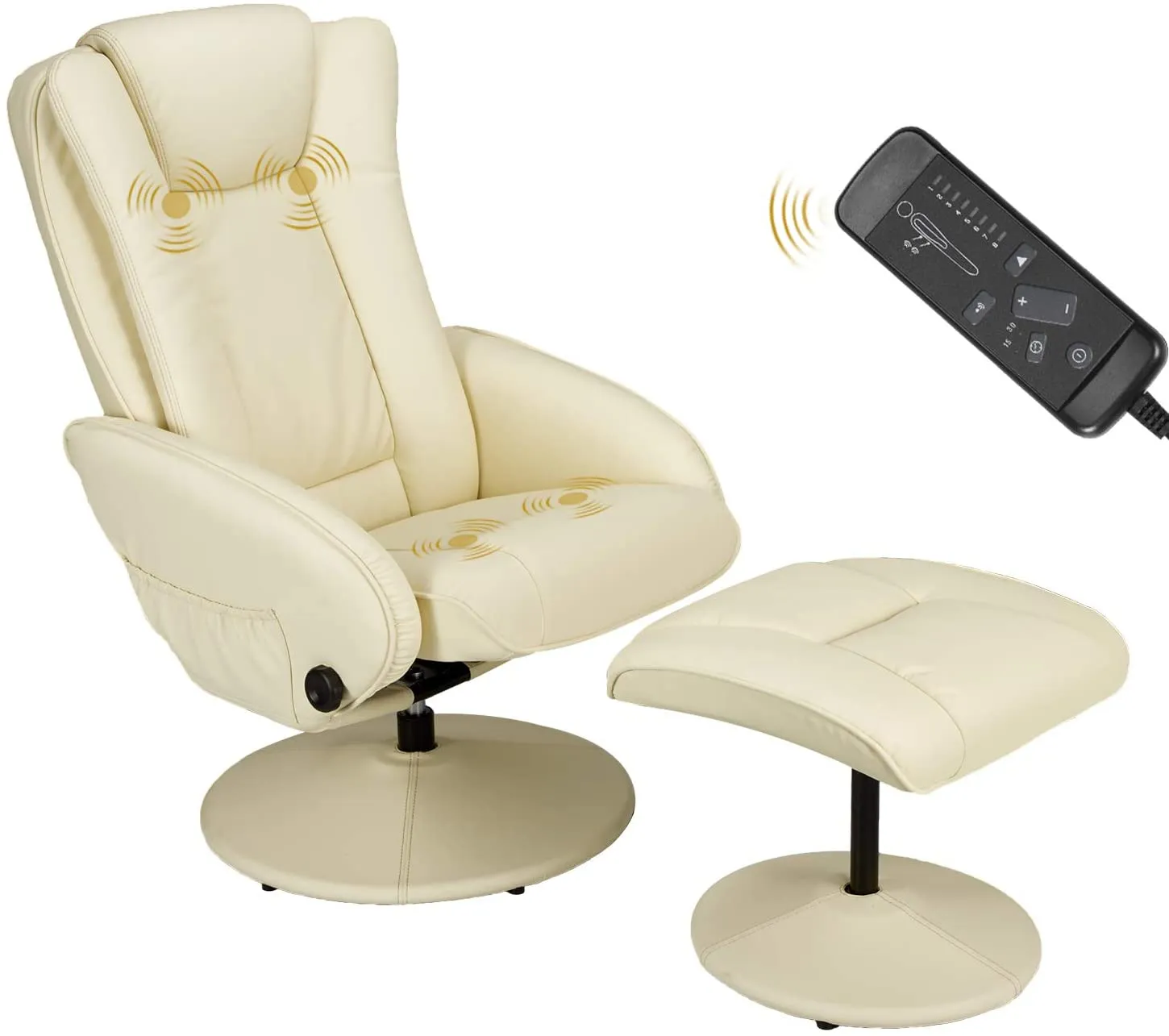 Recliner Chair and Ottoman, Ergonomic Swivel Faux Leather Lounge Recliner with Footrest, Vibration Massage Lounge Chair, Cream White