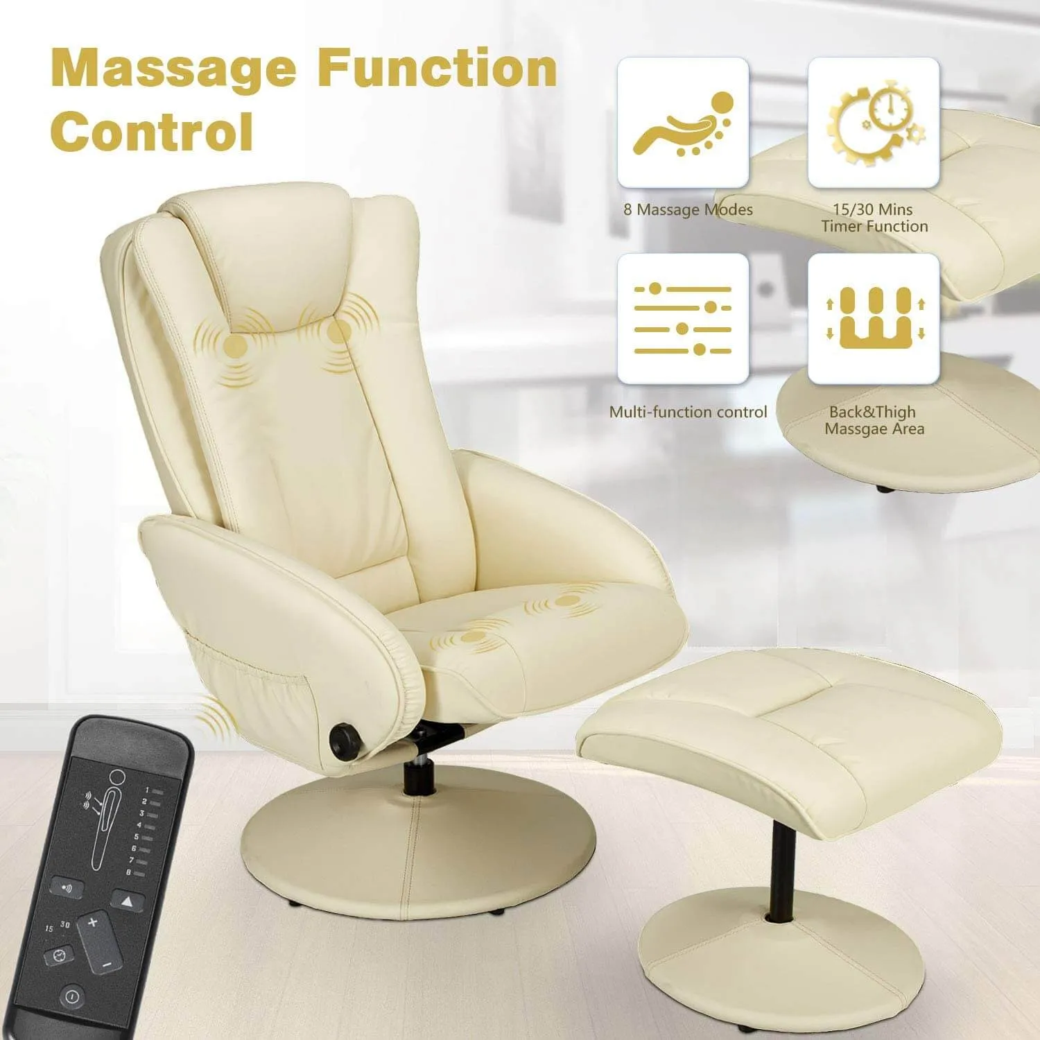 Recliner Chair and Ottoman, Ergonomic Swivel Faux Leather Lounge Recliner with Footrest, Vibration Massage Lounge Chair, Cream White