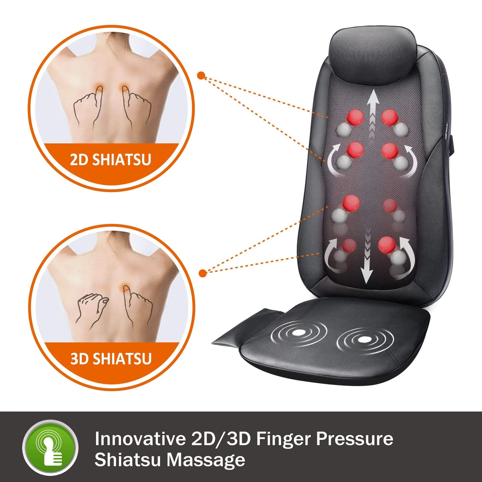 Shiatsu Massage Seat Cushion - 2D/3D 2-in-1 Modes Back Massager with Heat SL - 269